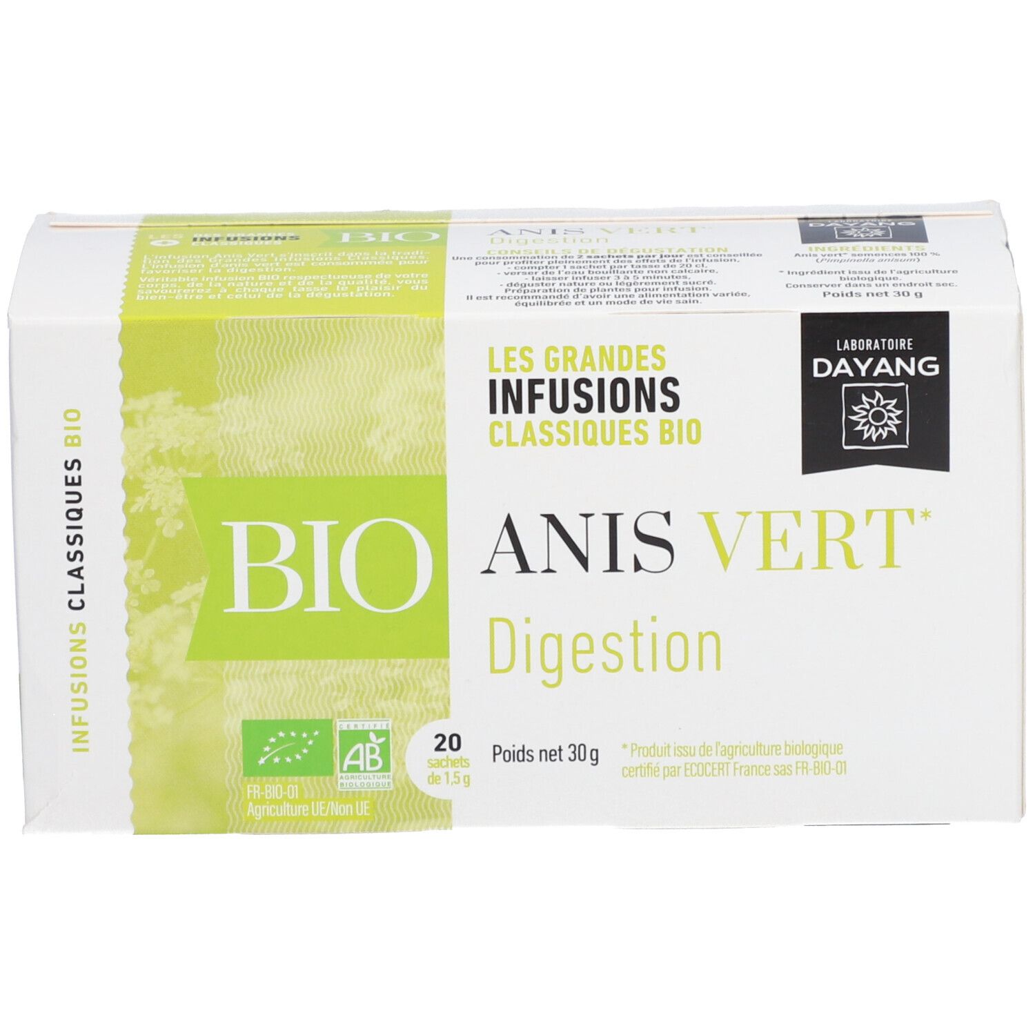 Boîte blanche et verte. Inscription BIO Anis Vert Digestion. Labels AB, 20 sachets, 30g. Marque DAYANG.