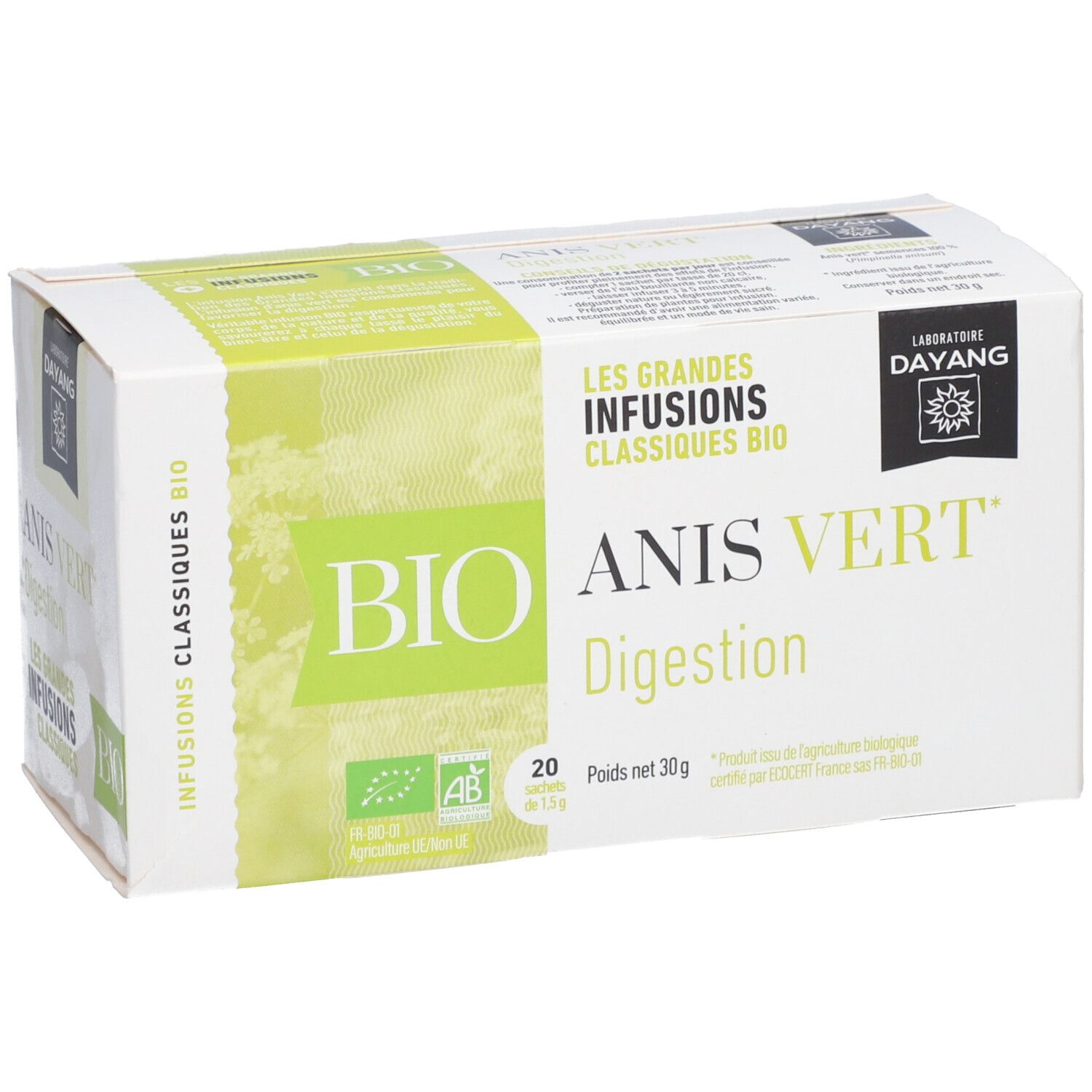 Boîte blanche et verte. Inscription BIO Anis Vert Digestion. Labels AB, 20 sachets, 30g. Marque DAYANG.