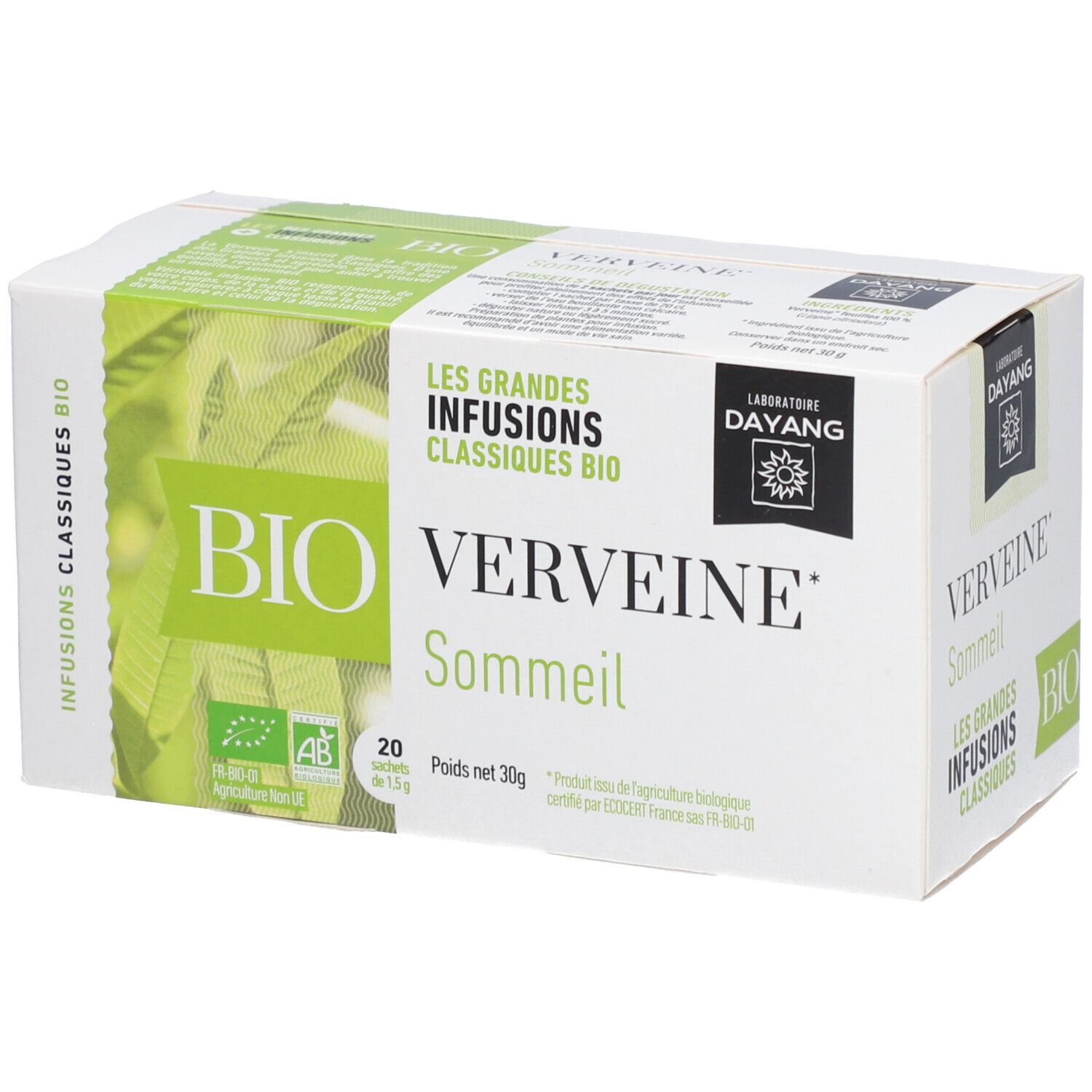 Boîte DAYANG Infusion Verveine BIO. Inscription: BIO, Verveine Sommeil. Contient 20 sachets. Label AB bio.