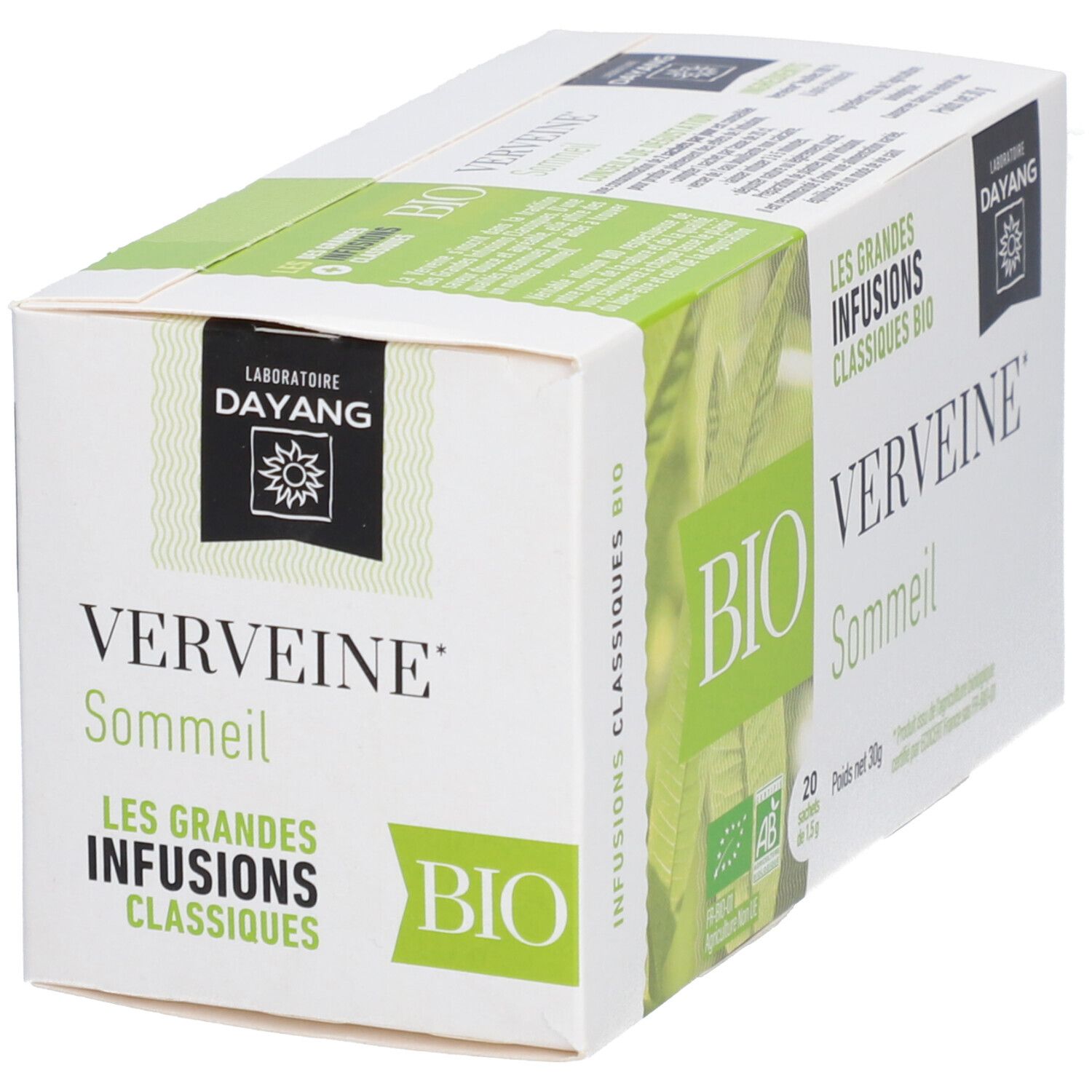 Boîte DAYANG Infusion Verveine BIO. Inscription: BIO, Verveine Sommeil. Contient 20 sachets. Label AB bio.