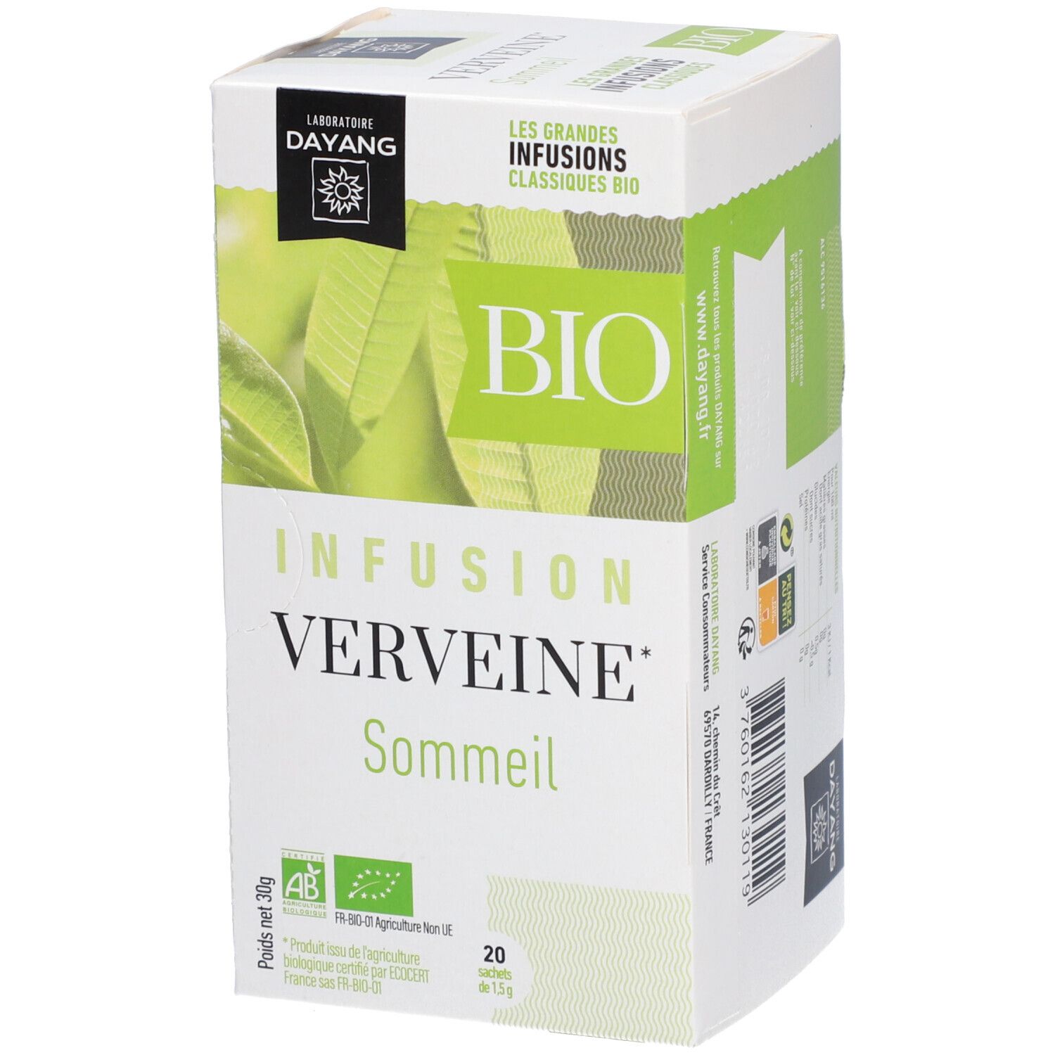 Boîte DAYANG Infusion Verveine BIO. Inscription: BIO, Verveine Sommeil. Contient 20 sachets. Label AB bio.