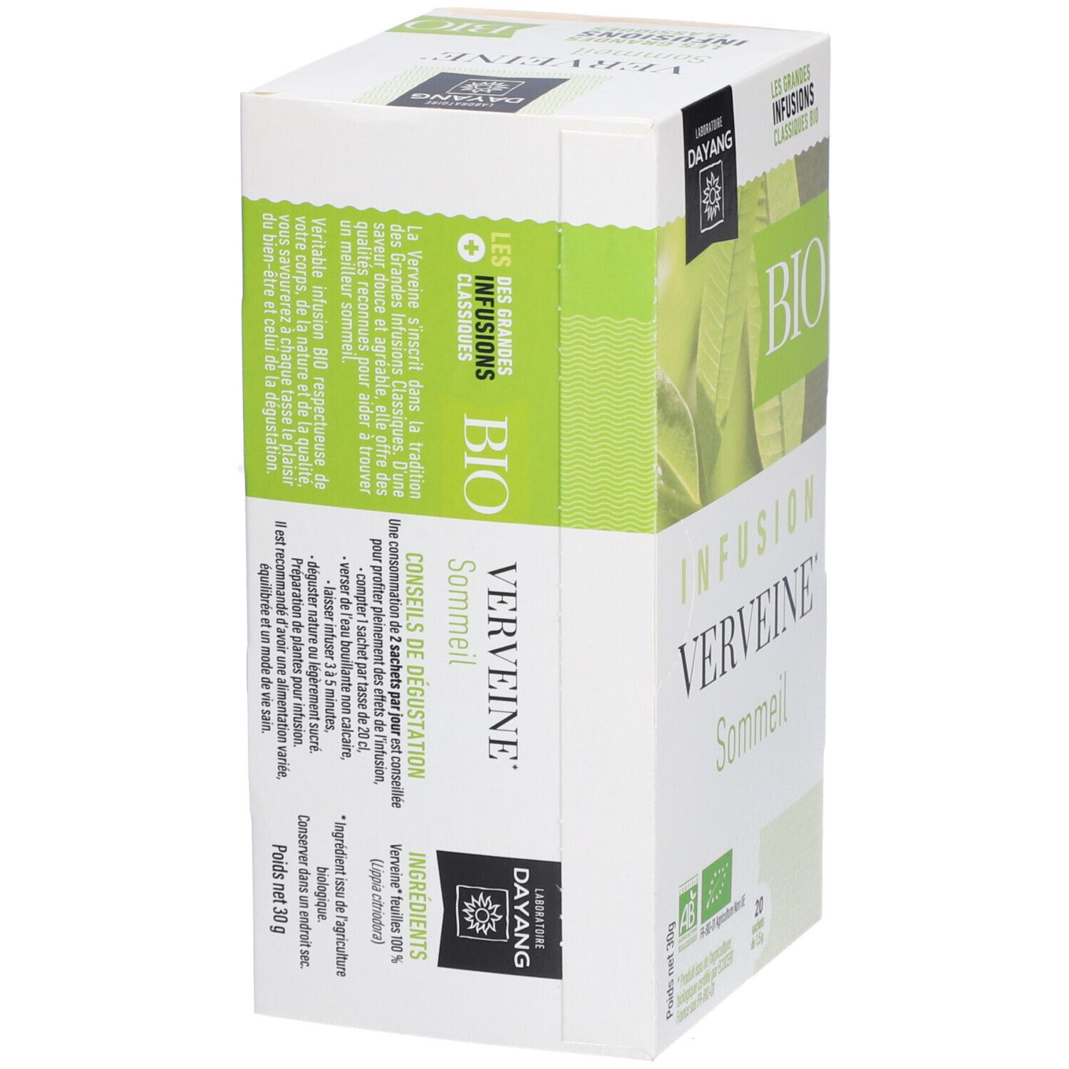 Boîte DAYANG Infusion Verveine BIO. Inscription: BIO, Verveine Sommeil. Contient 20 sachets. Label AB bio.