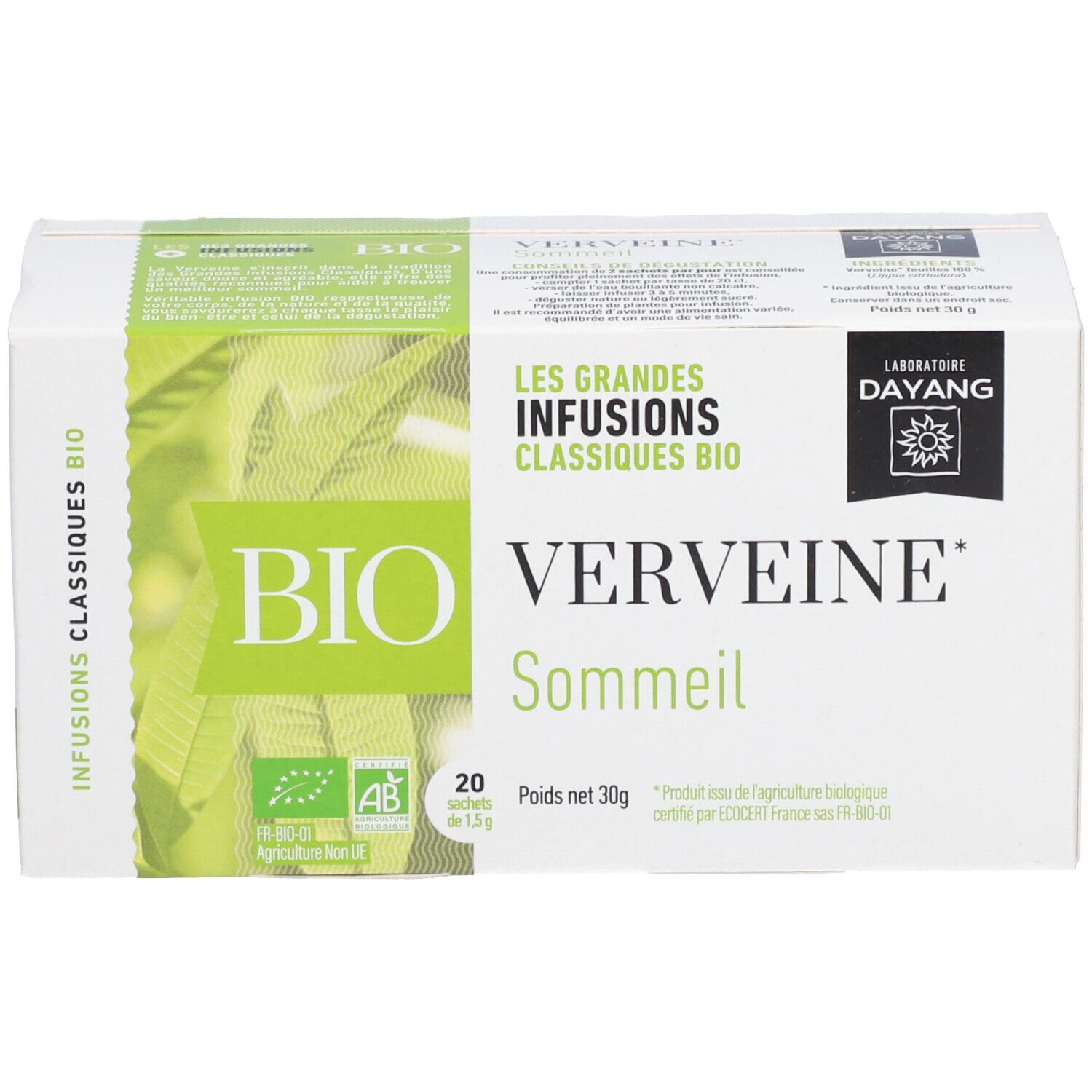 Boîte DAYANG Infusion Verveine BIO. Inscription: BIO, Verveine Sommeil. Contient 20 sachets. Label AB bio.
