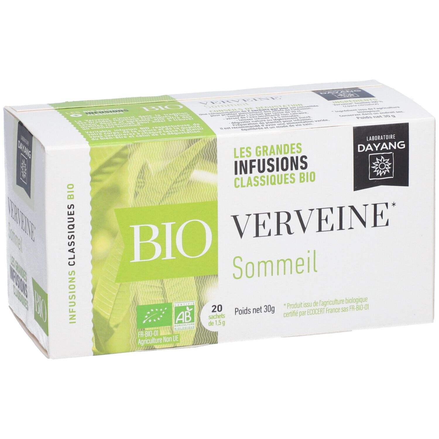 Boîte DAYANG Infusion Verveine BIO. Inscription: BIO, Verveine Sommeil. Contient 20 sachets. Label AB bio.