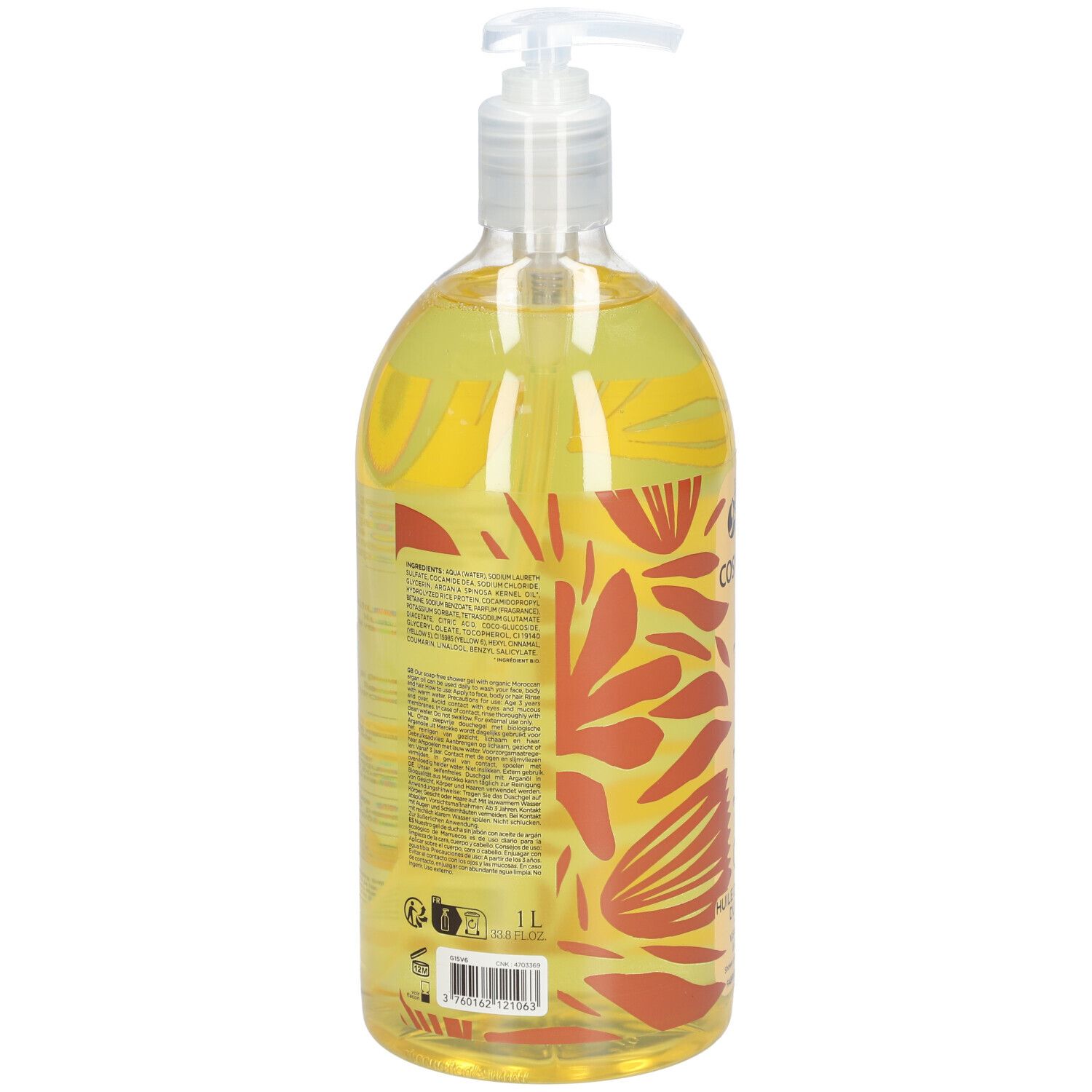 Rückseite der transparenten Flasche mit gelbem Duschgel. Etikett mit Text. Mit Spender.