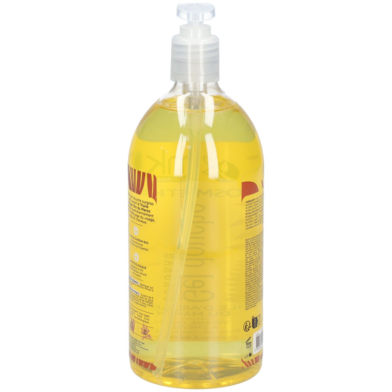 Rückseite der transparenten Flasche mit gelbem Duschgel. Etikett mit Text. Mit Spender.