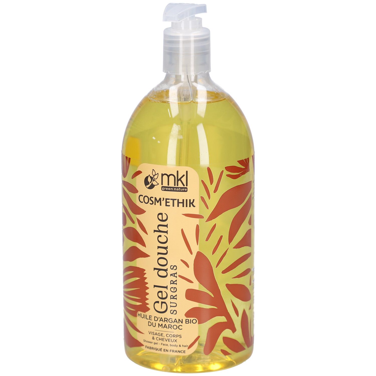 Transparente Flasche mit gelbem Duschgel. Aufkleber mit Schriftzug und floralem Muster. Mit Spender.