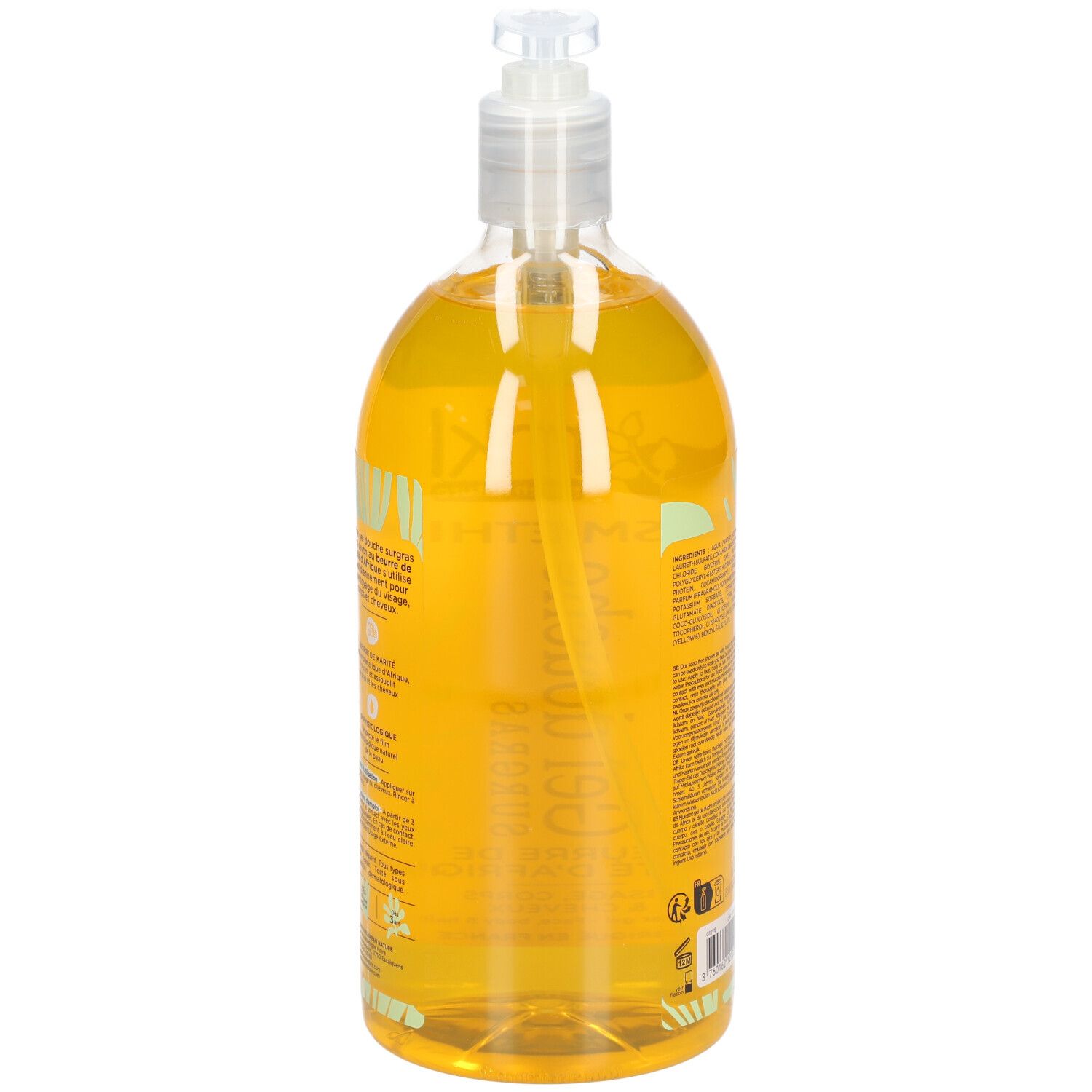 Rückseite der Flasche mit gelbem Duschgel. Text: Inhaltsstoffe, 1L, Barcode. Grün-gelbes Muster.