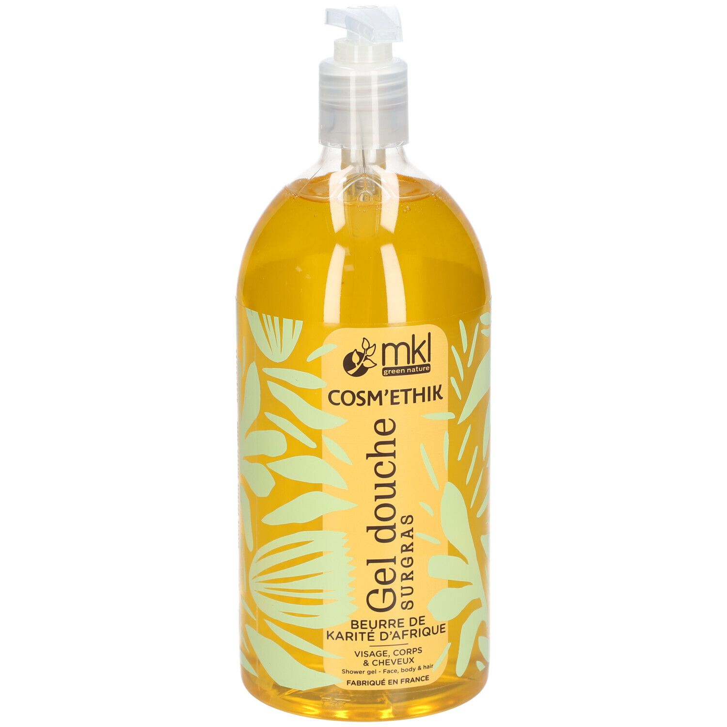 Transparente Flasche mit gelbem Duschgel. Aufschrift: mkl Cosm'ethik, Gel douche surgras, Beurre de Karité d'Afrique.