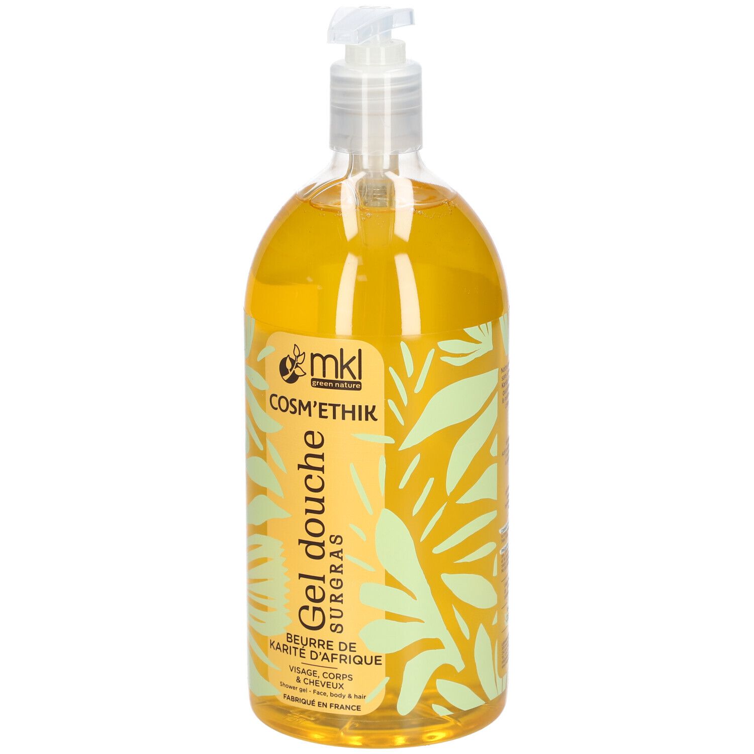 Transparente Flasche mit gelbem Duschgel. Aufschrift: mkl Cosm'ethik, Gel douche surgras, Beurre de Karité d'Afrique.