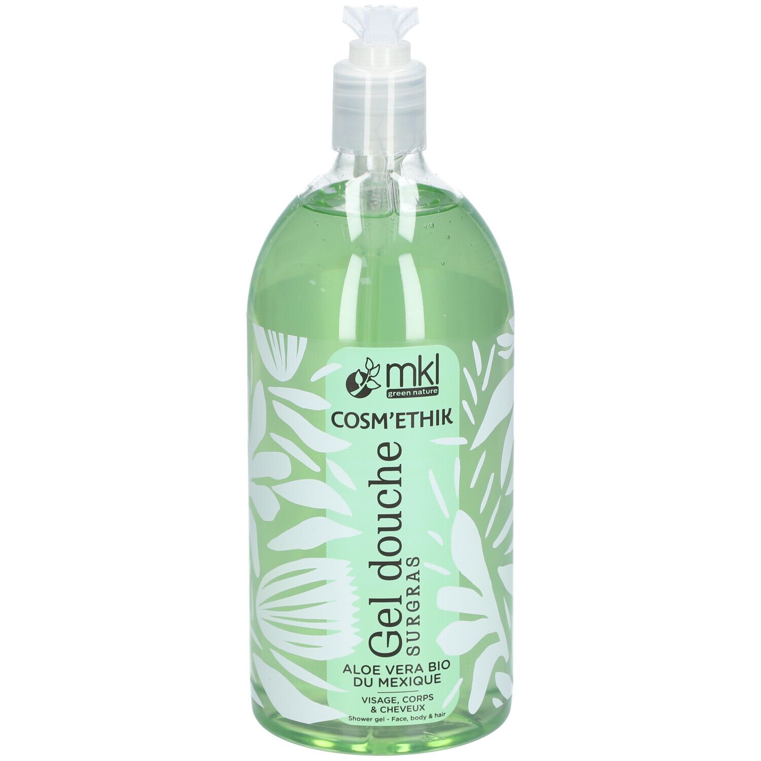 Flacon transparent de gel douche vert. Inscriptions: mkl Cosm'ethik, Gel Douche, Aloe Vera Bio. Avec pompe.