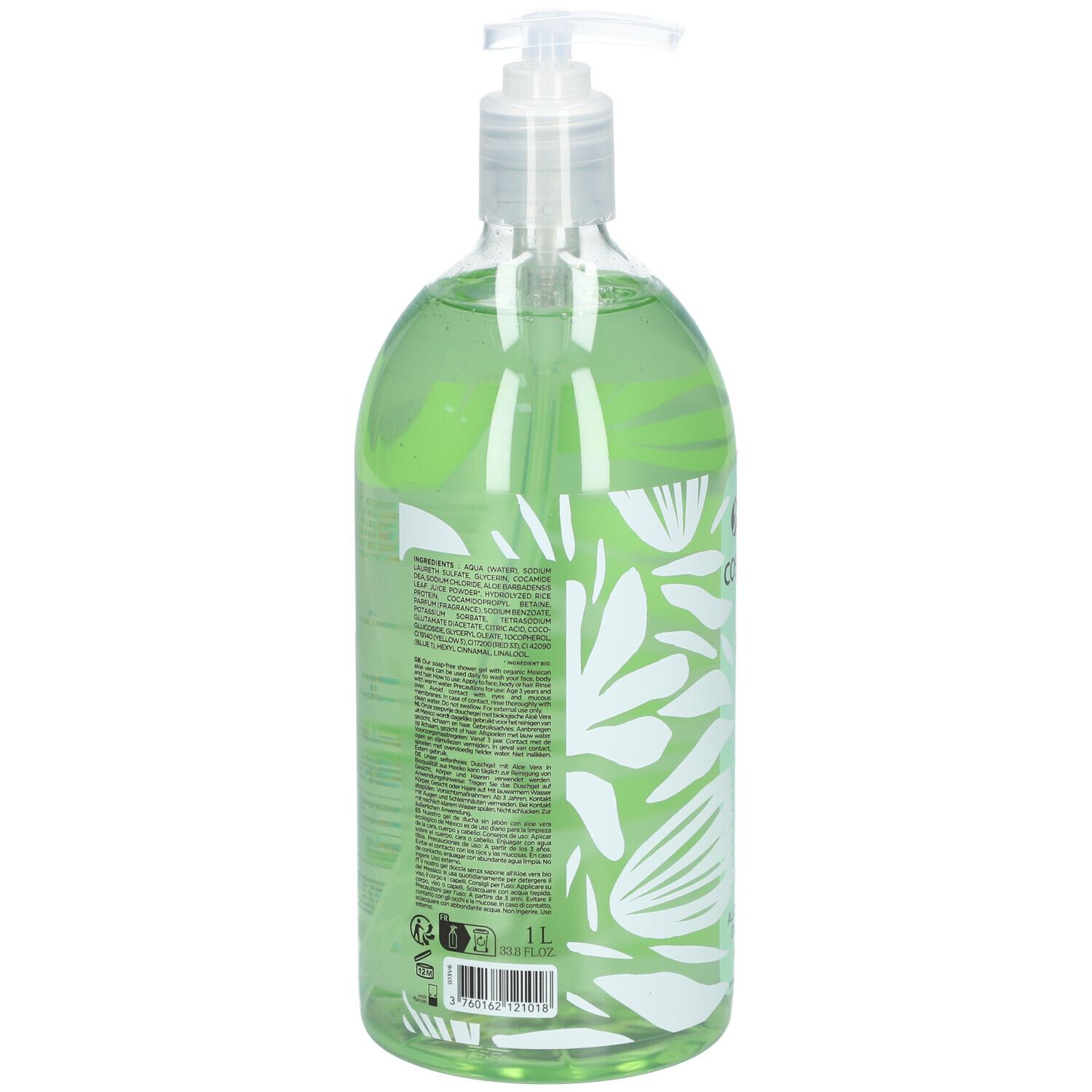 Dos du flacon transparent de gel douche vert. Texte et logos. Avec pompe. 1L.