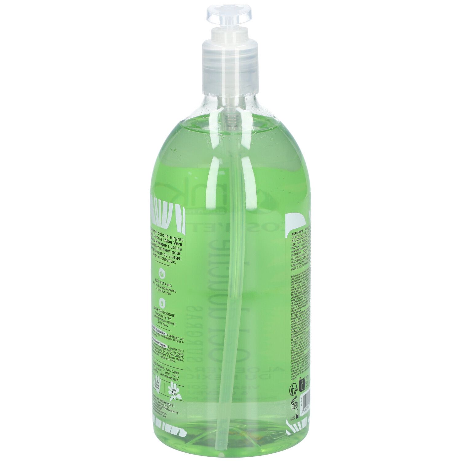 Dos du flacon transparent de gel douche vert. Texte et logos. Avec pompe. 1L.