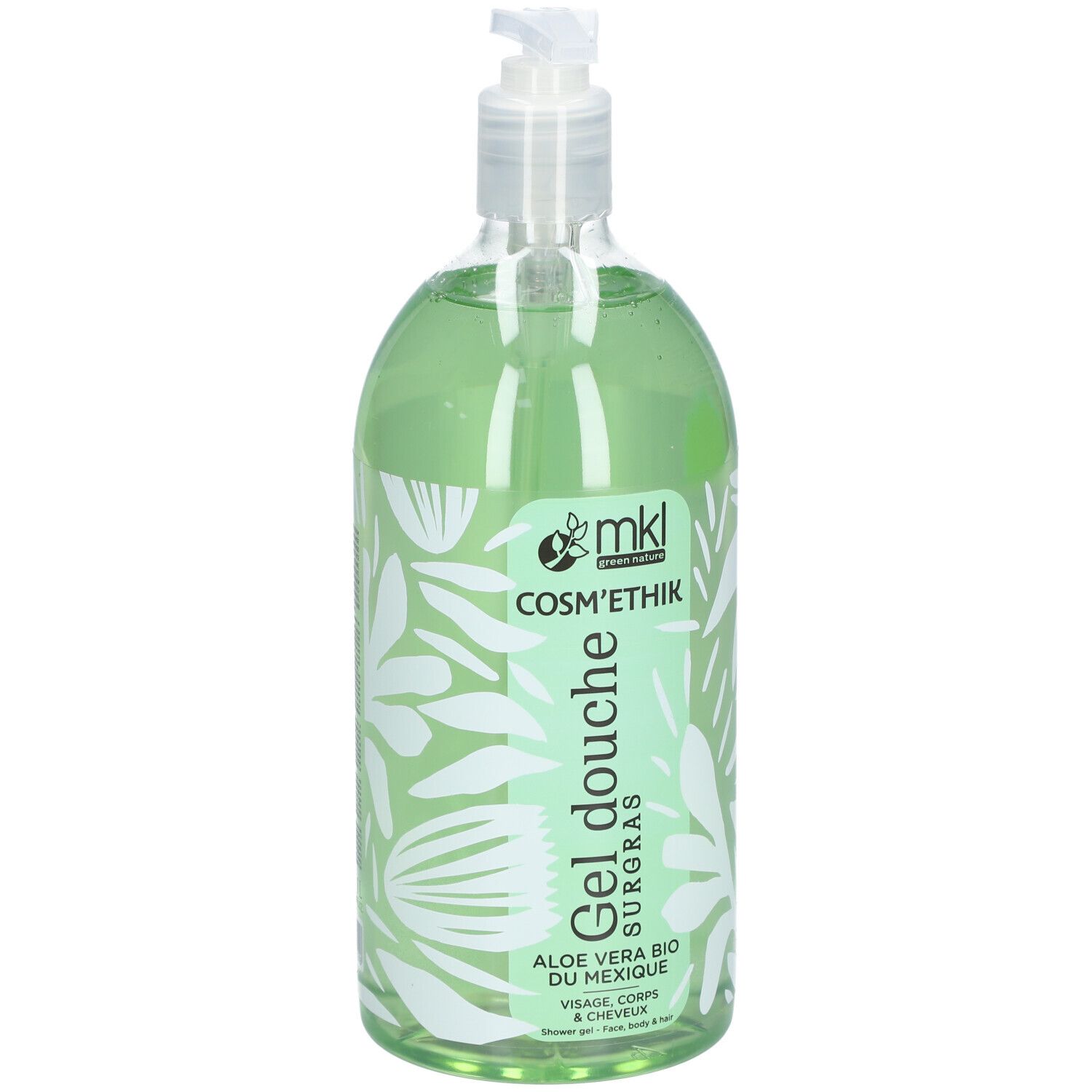 Flacon transparent de gel douche vert. Inscriptions: mkl Cosm'ethik, Gel Douche, Aloe Vera Bio. Avec pompe.