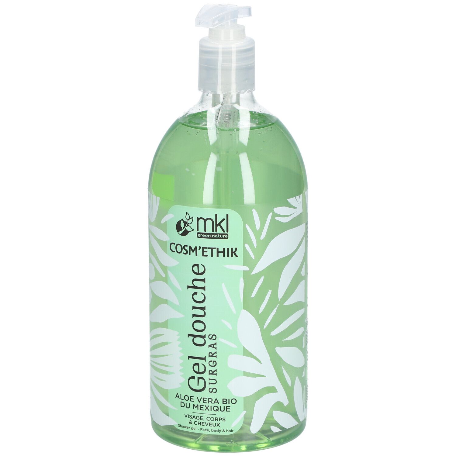 Flacon transparent de gel douche vert. Inscriptions: mkl Cosm'ethik, Gel Douche, Aloe Vera Bio. Avec pompe.