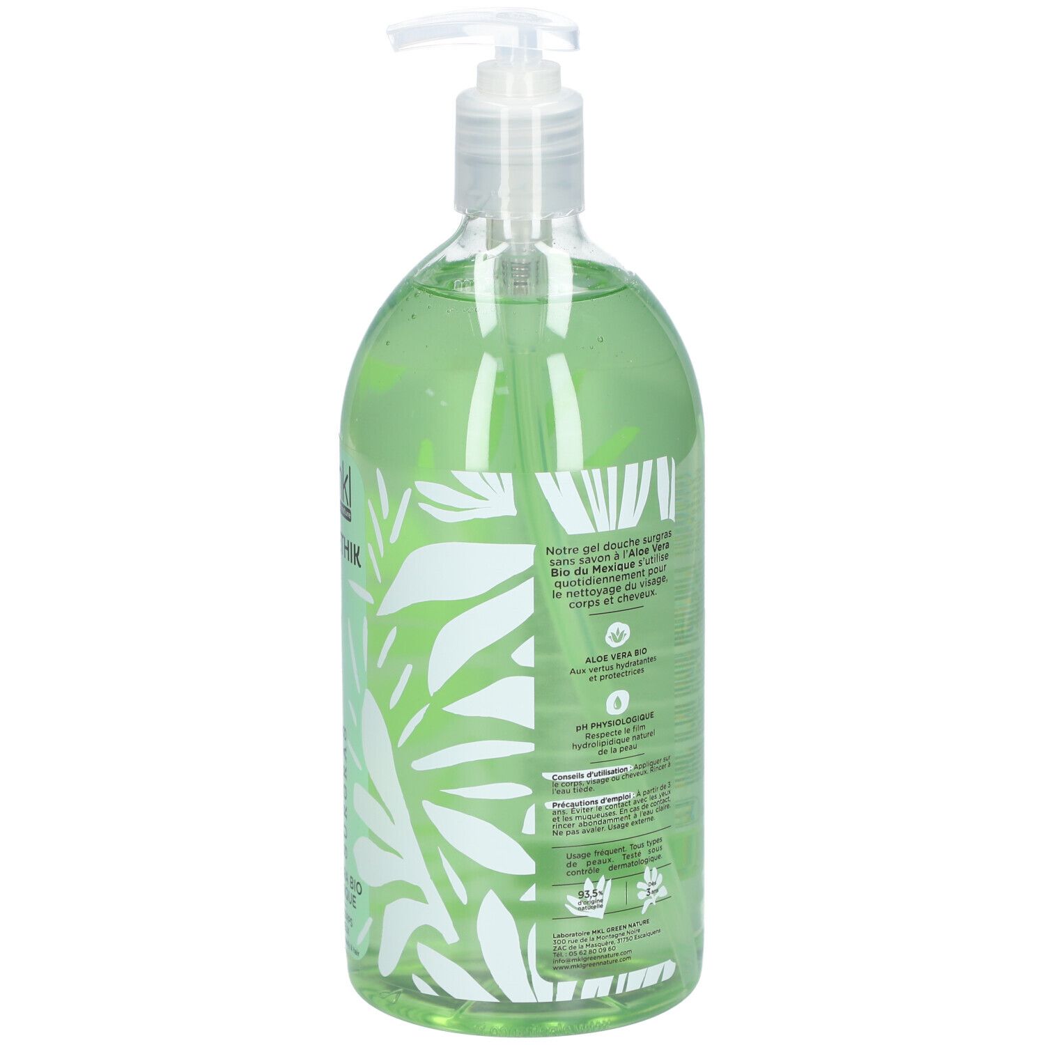 Dos du flacon transparent de gel douche vert. Texte et logos. Avec pompe. 1L.