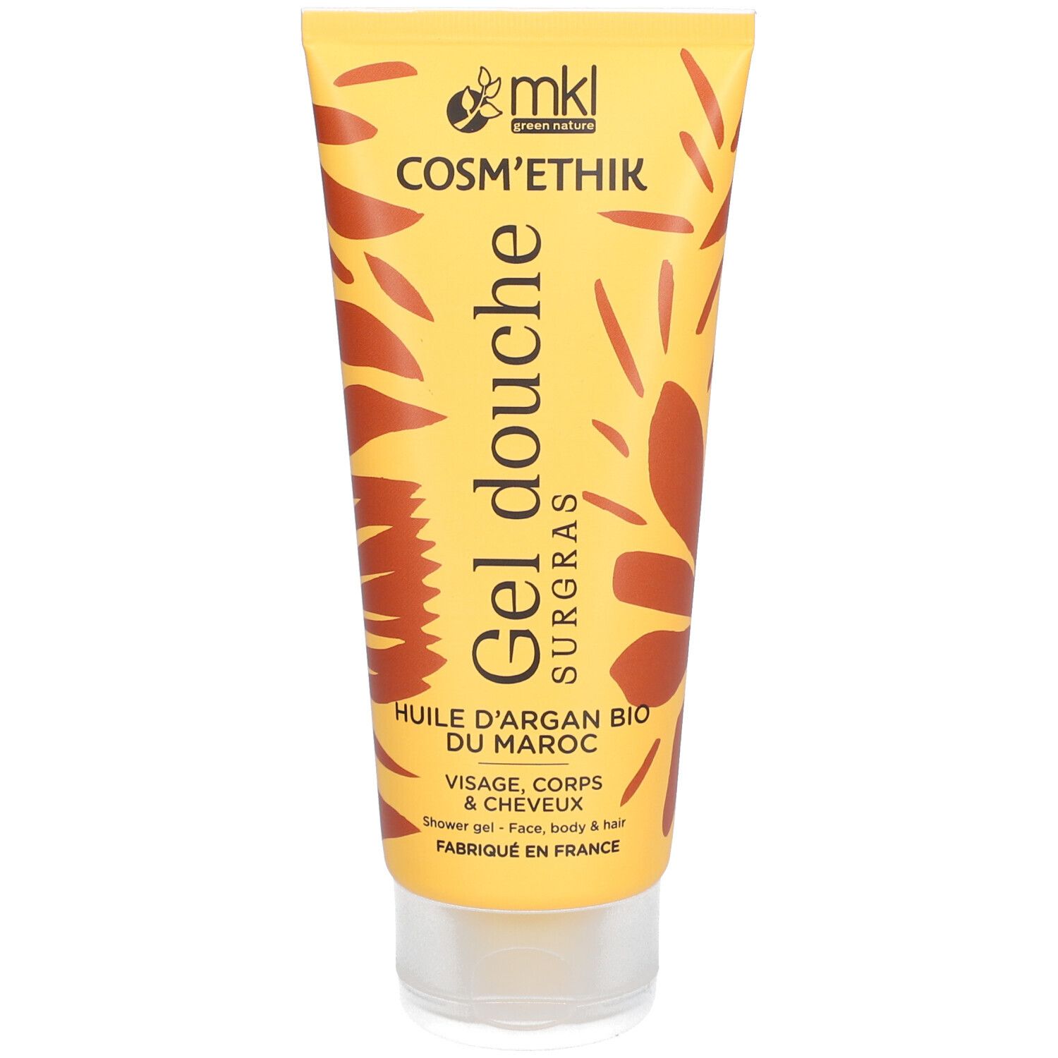 Tube de gel douche COSM'ETHIK jaune et orange. Inscription: Gel douche, huile d'argan bio. Marque: mkl.