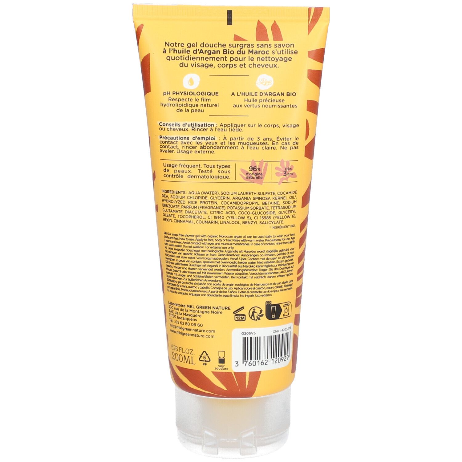 Dos du tube. Texte: Gel douche surgras, huile d'argan bio. Ingrédients, conseils d'utilisation. Marque: mkl.