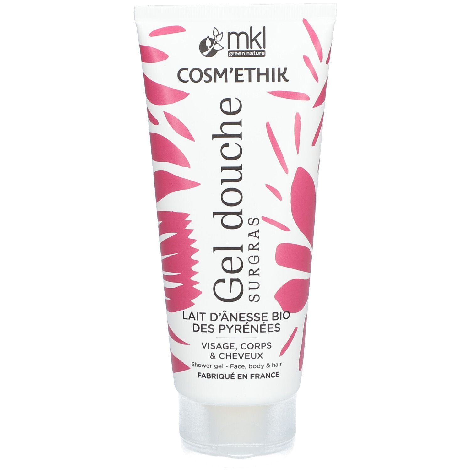 Tube blanc et rose. Inscription: mkl, COSM'ETHIK, Gel douche, Lait d'ânesse. Pour visage, corps et cheveux.