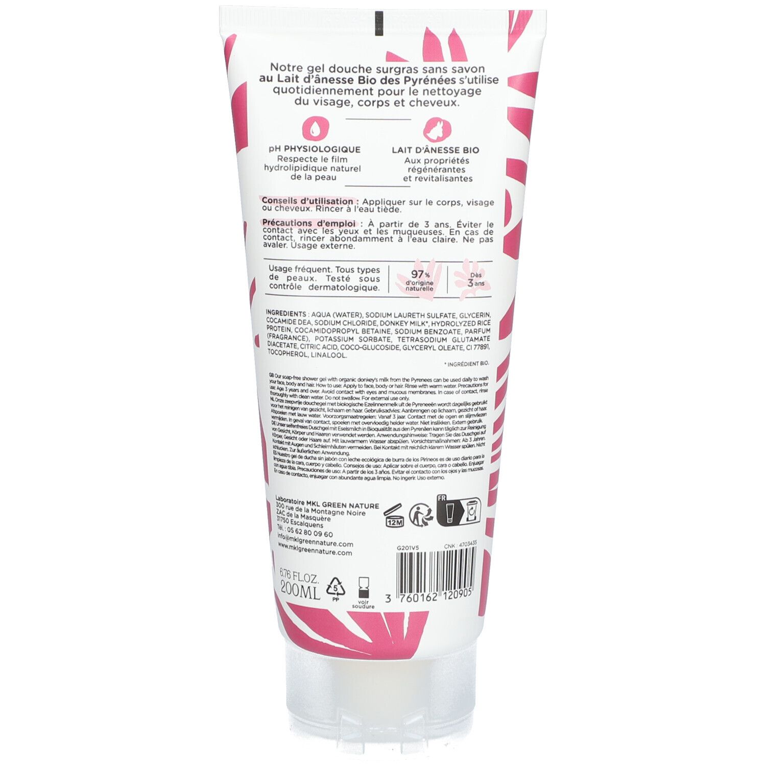 Dos du tube. Texte: Gel douche surgras sans savon. Lait d'ânesse Bio. Ingrédients, conseils d'utilisation, logos.