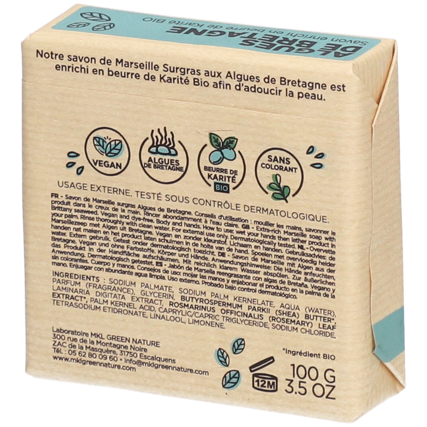 Rückseite der Seifenverpackung. Text: Savon de Marseille Surgras, Algues de Bretagne. Inhaltsstoffe, Logos, 100g, 3.5 OZ.