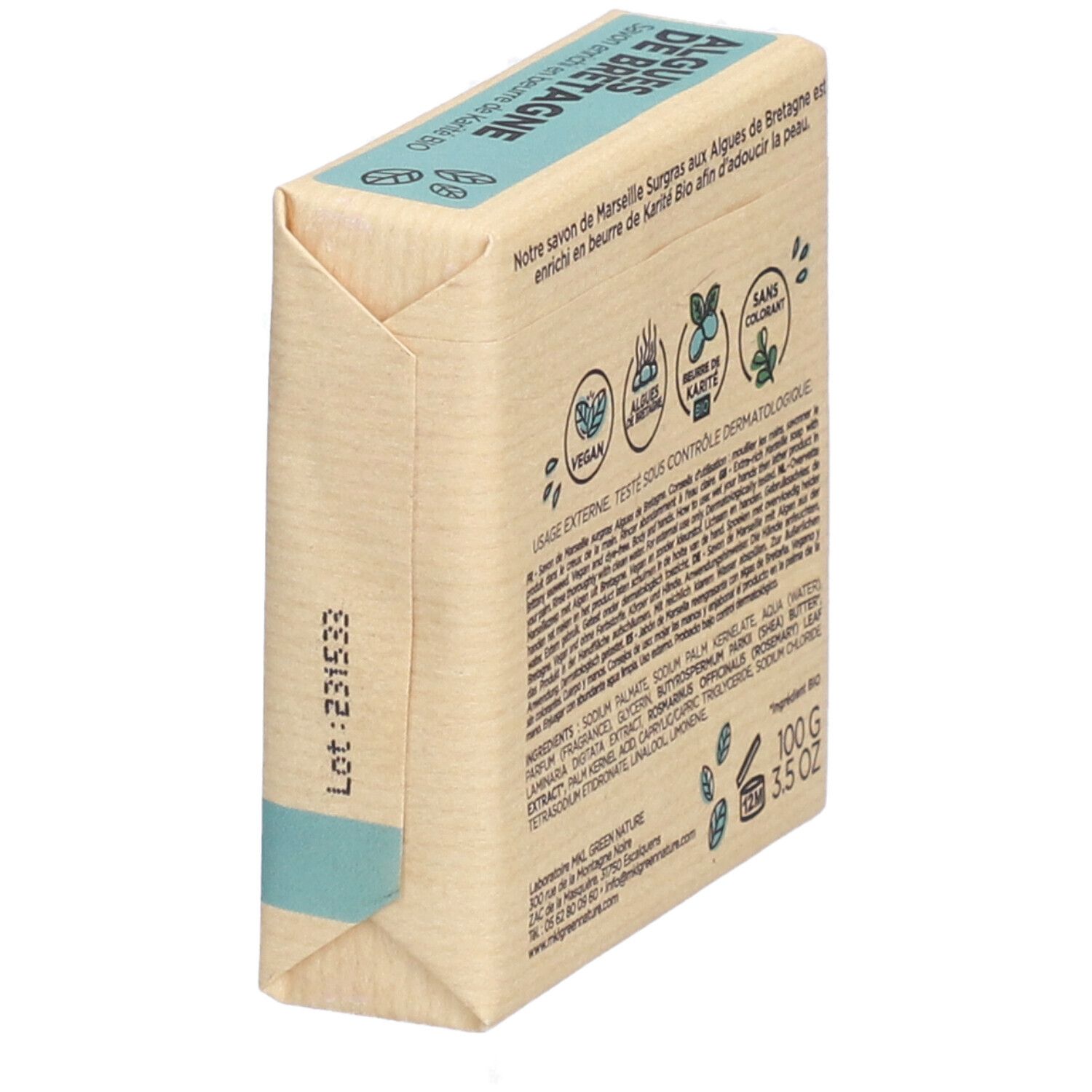 Seifenverpackung, Rückseite. Text: Savon de Marseille Surgras, Algues de Bretagne. Logos, Inhaltsstoffe, 100g, 3.5 OZ.