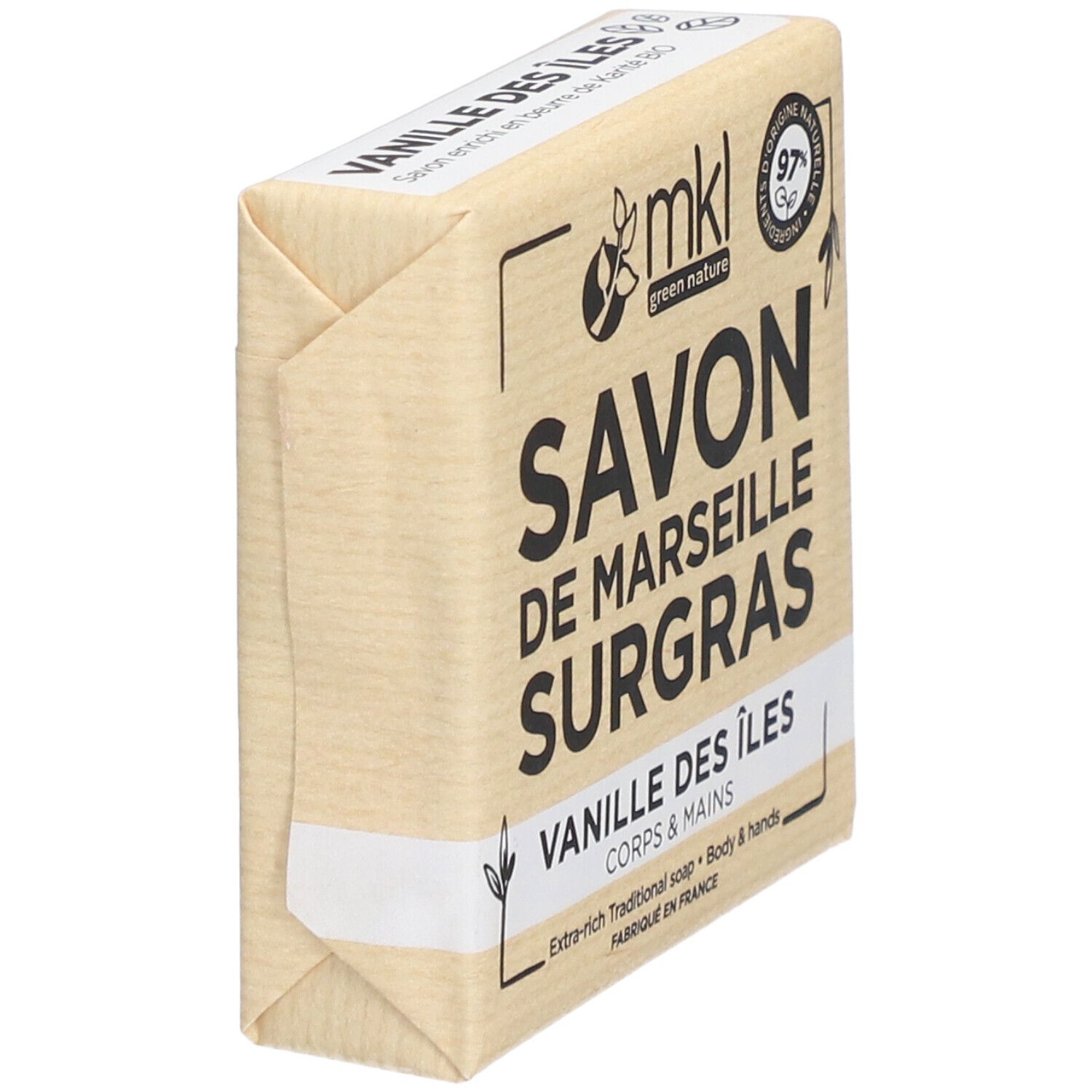 Seifenblock in Papier verpackt. Aufschrift: SAVON DE MARSEILLE SURGRAS, Vanille des Îles. Logo: mkl green nature. 97% Inhaltsstoffe natürlichen Ursprungs.