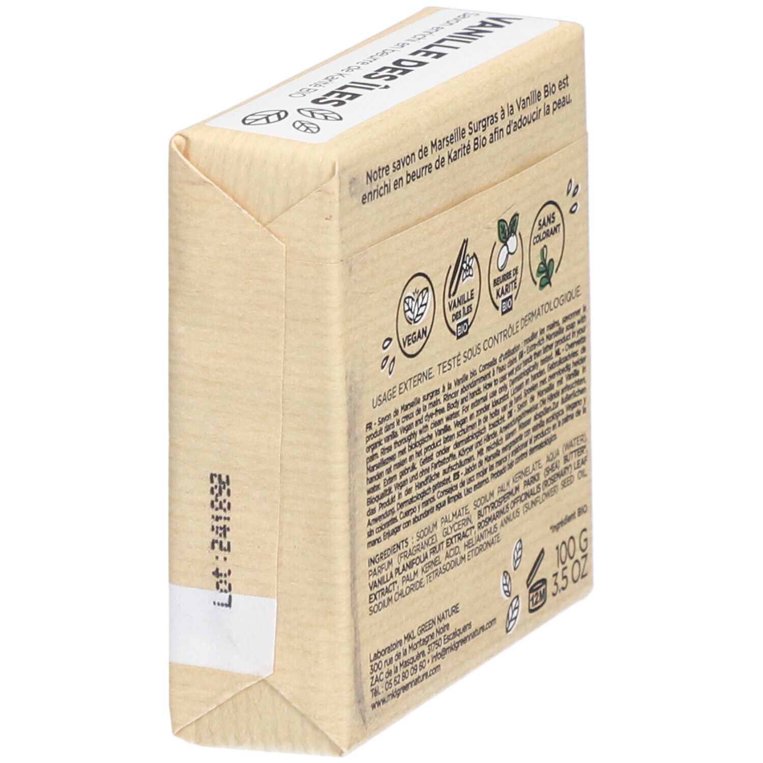 Seifenblock in Papier verpackt. Aufschrift: SAVON DE MARSEILLE SURGRAS, Vanille des Îles. Rückseite mit Text und Logos.