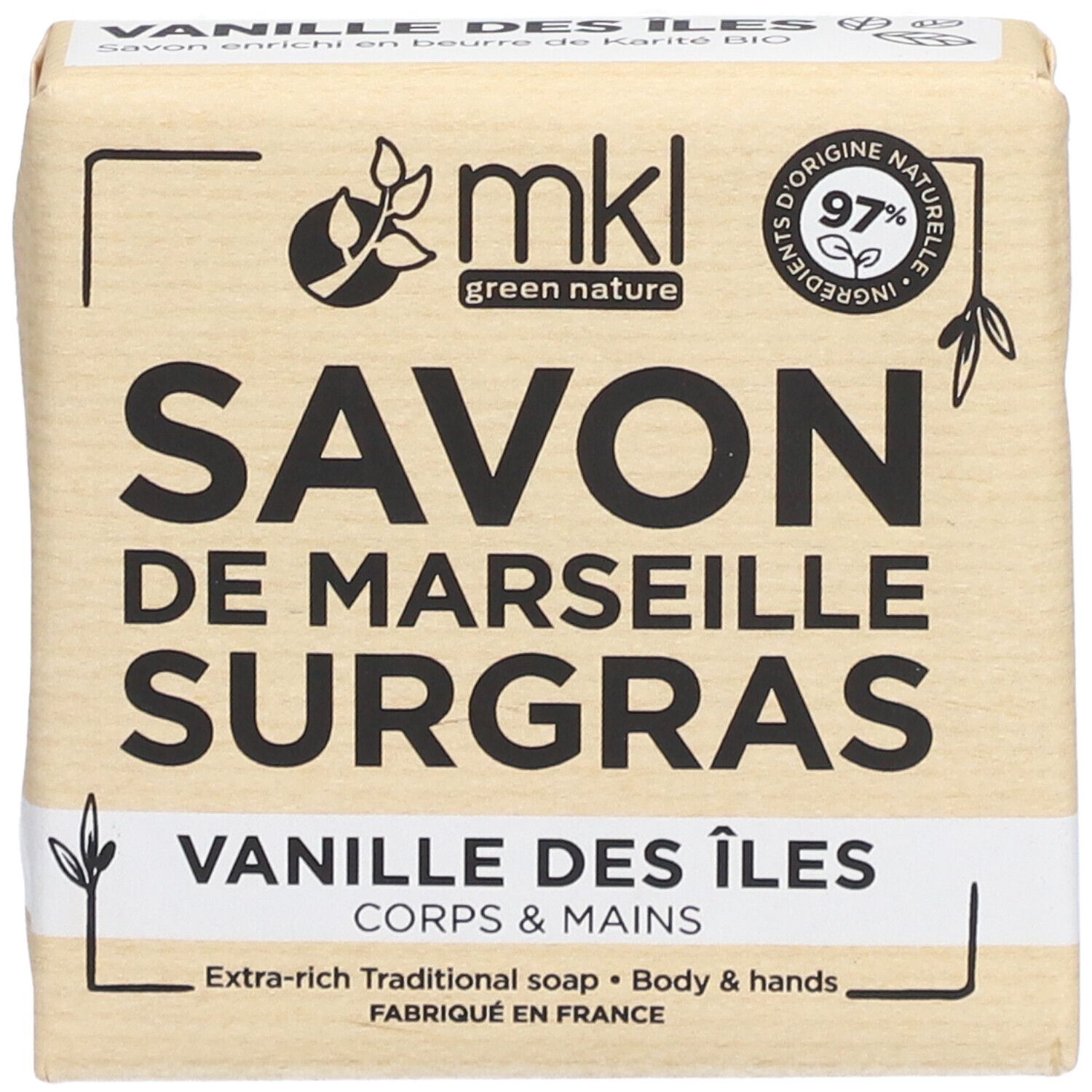 Verpackter Seifenblock. Aufschrift: SAVON DE MARSEILLE SURGRAS, Vanille des Îles, Corps & Mains. Logo: mkl green nature. 97% Inhaltsstoffe natürlichen Ursprungs.