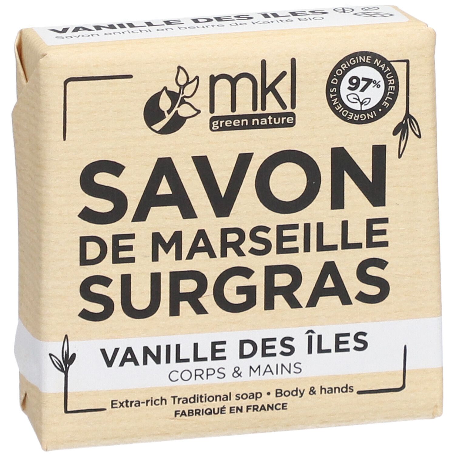 Verpackter Seifenblock. Aufschrift: SAVON DE MARSEILLE SURGRAS, Vanille des Îles, Corps & Mains. Logo: mkl green nature.