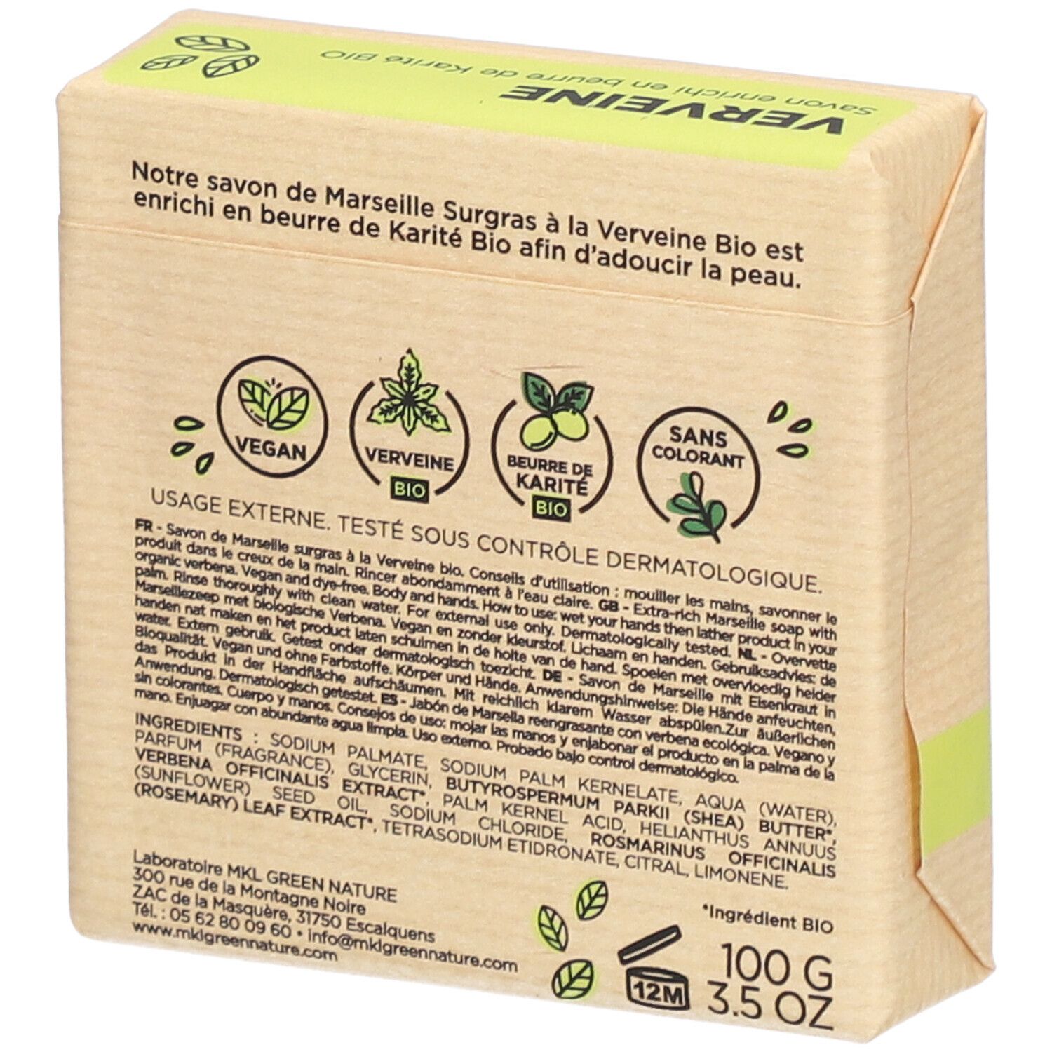 Achterkant van de zeepverpakking. Tekst: Ingrediënten, Vegan, Bio, 100g, 3.5 OZ. Merk: mkl green nature. Met karitéboter. 12M-symbool.