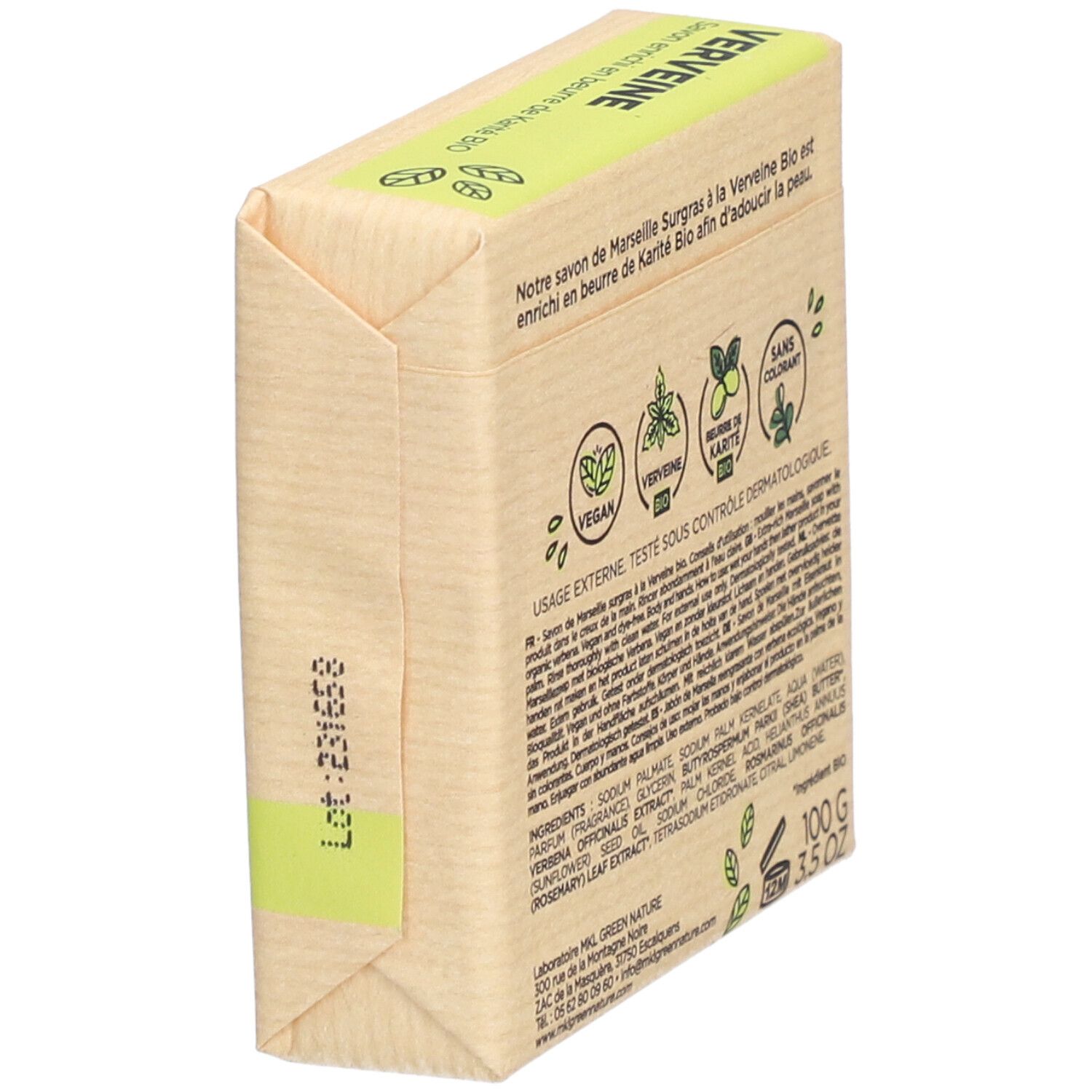 Zeepverpakking, achterkant. Tekst: Ingrediënten, Vegan, Bio, 100g, 3.5 OZ. Merk: mkl green nature. Met karitéboter. 12M-symbool.