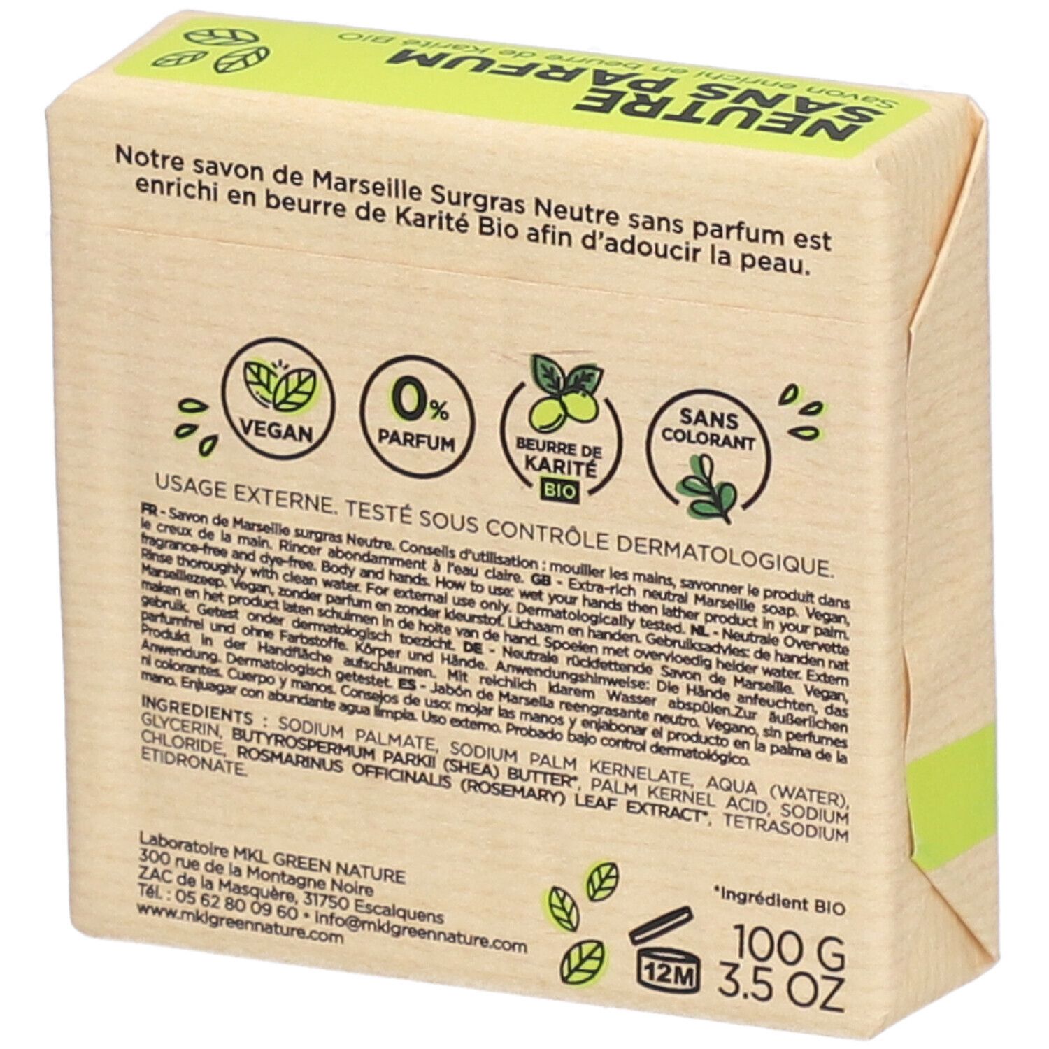 Rückseite der Seifenverpackung. Text: Inhaltsstoffe, 100g, 3.5 oz, Vegan, 0% Parfum, Beurre de Karité Bio.