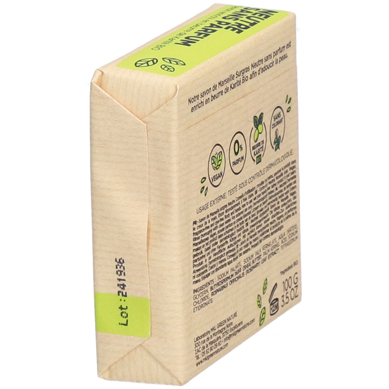 Seife in Papierverpackung. Rückseite mit Text und Logos. Vegan, 0% Parfum, Beurre de Karité Bio.