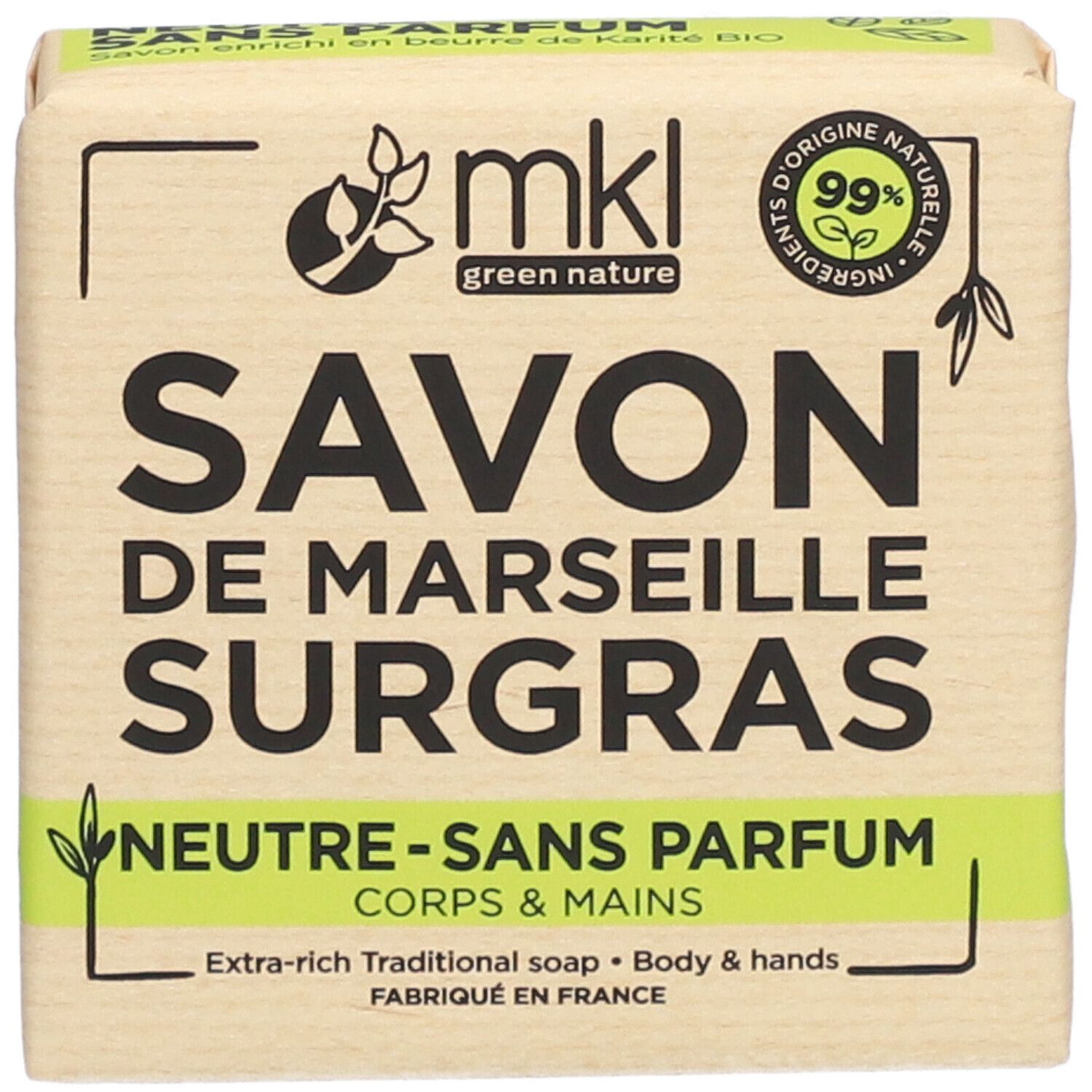 Seife in Papierverpackung. Aufschrift: Savon de Marseille Surgras Neutre Sans Parfum. Draufsicht.