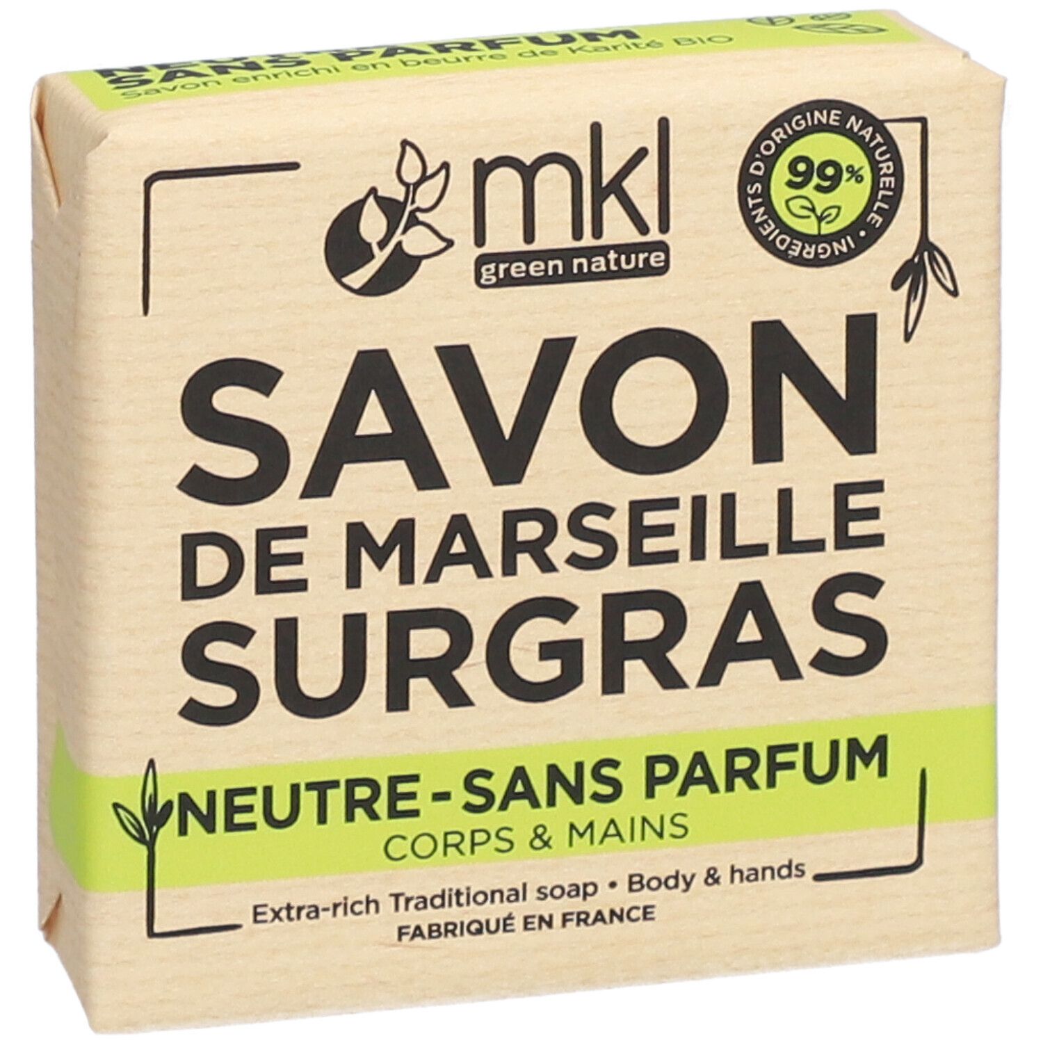 Seife in Papierverpackung. Aufschrift: Savon de Marseille Surgras Neutre Sans Parfum. Draufsicht.