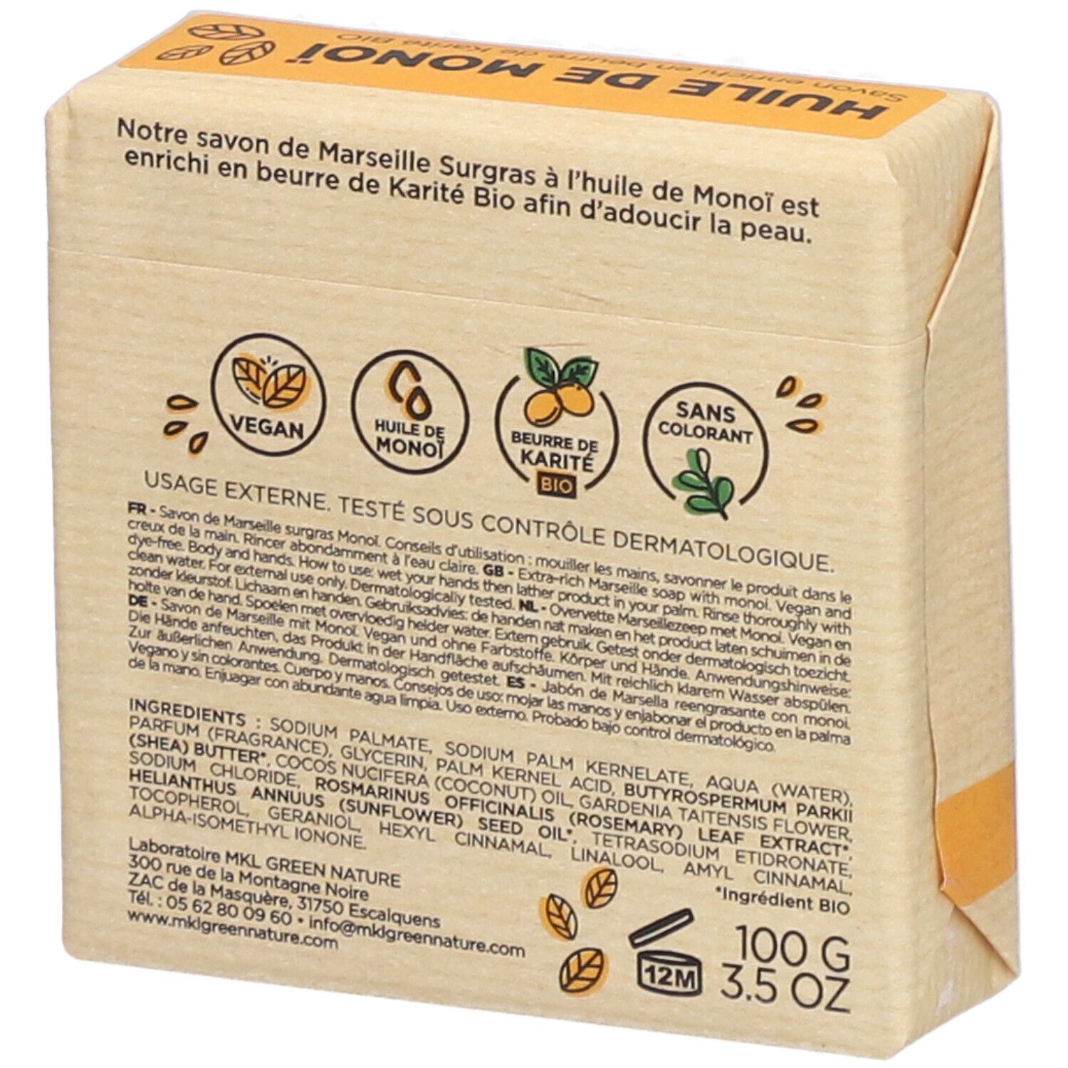 Rückseite der Seifenverpackung. Text: Inhaltsstoffe, Gebrauchsanweisung, Logos. 100g, 3.5 oz. Vegan, ohne Farbstoffe.