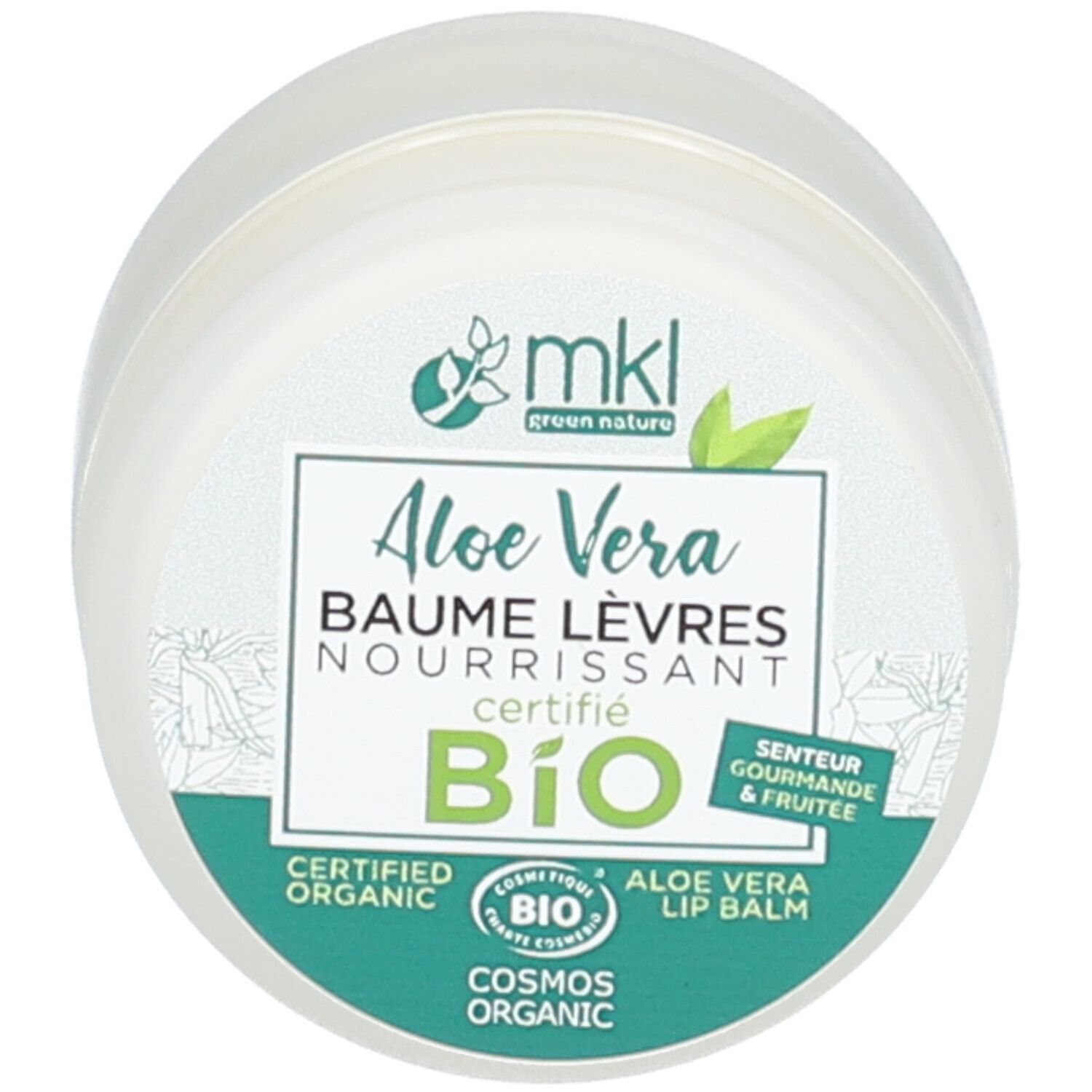 Pot rond avec couvercle. Inscription: Aloe Vera, Baume Lèvres, Bio. Certifications: Cosmos Organic, Bio.