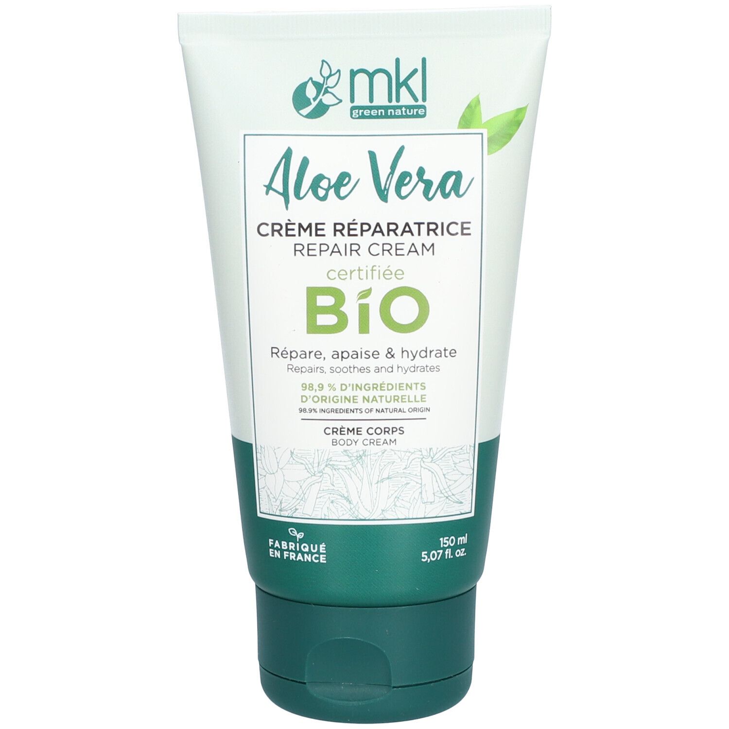 Tube de crème réparatrice Aloe Vera certifiée bio. Emballage vert et blanc avec informations et logo.
