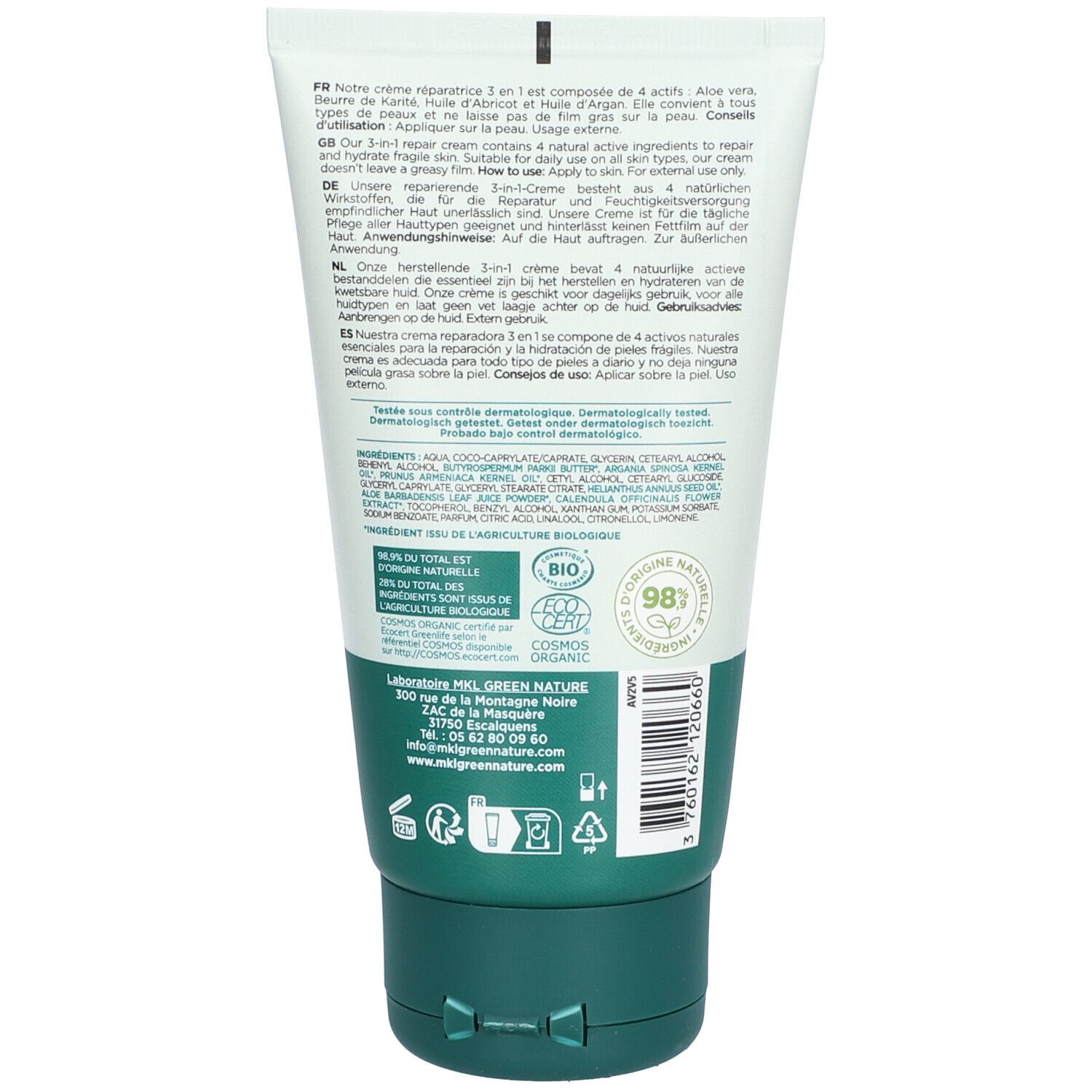 Dos du tube de crème. Texte avec ingrédients, certification bio et informations fabricant.