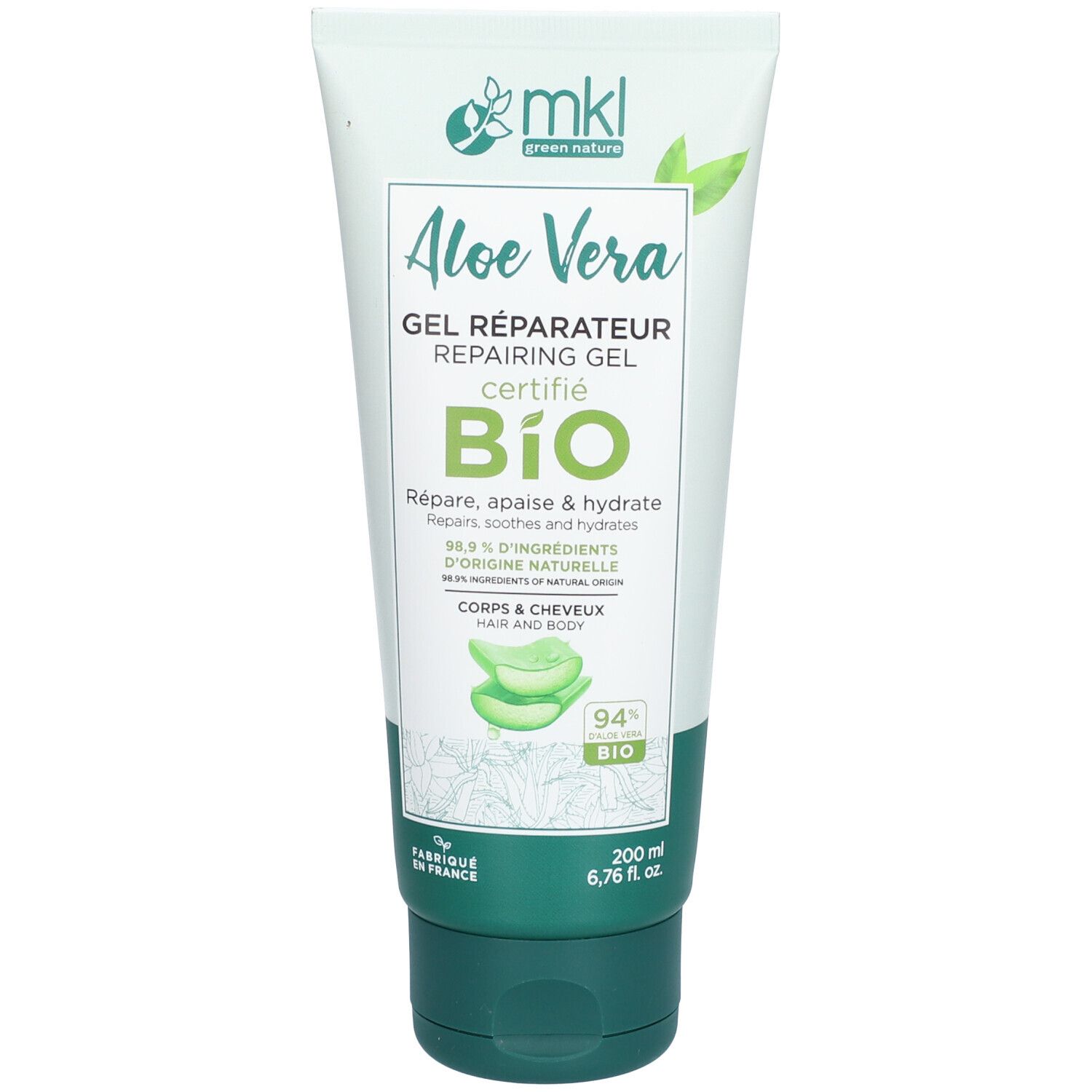 Tube de gel réparateur à l'Aloe Vera. Emballage vert et blanc. Certifié Bio. Inscription : "Gel Réparateur".