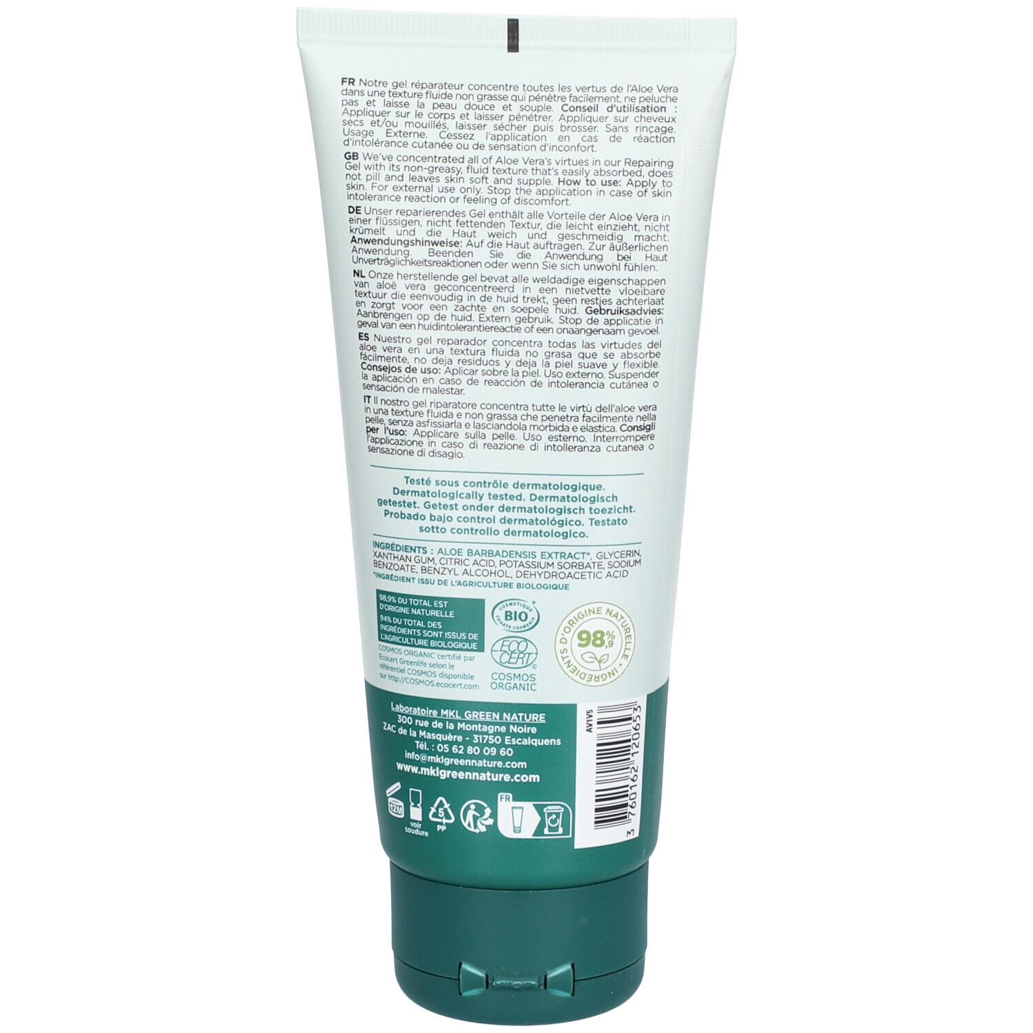 Dos du tube de gel à l'Aloe Vera. Texte multilingue. Certification Bio. Ingrédients.