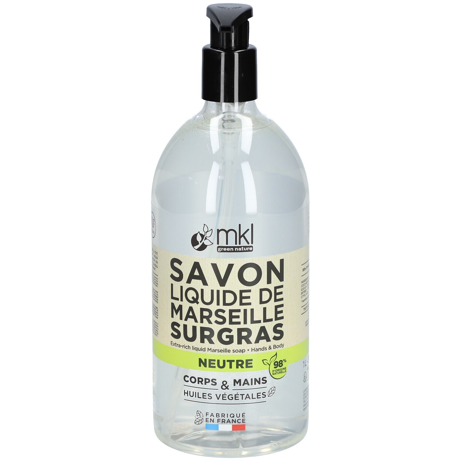 Transparante fles met zwarte pomp. Opschrift: SAVON LIQUIDE DE MARSEILLE SURGRAS, NEUTRE, CORPS & MAINS.