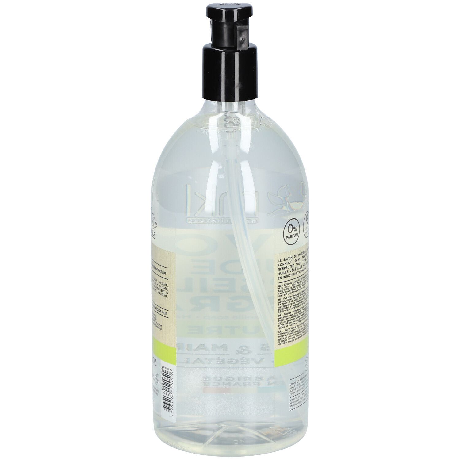 Achterkant van de fles. Tekst: SAVON LIQUIDE DE MARSEILLE SURGRAS, NEUTRE. Informatie over ingrediënten en certificeringen.
