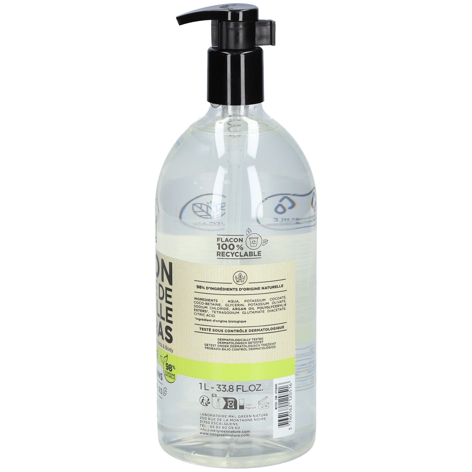 Achterkant van de fles. Tekst: SAVON LIQUIDE DE MARSEILLE SURGRAS, NEUTRE. Informatie over ingrediënten en certificeringen.