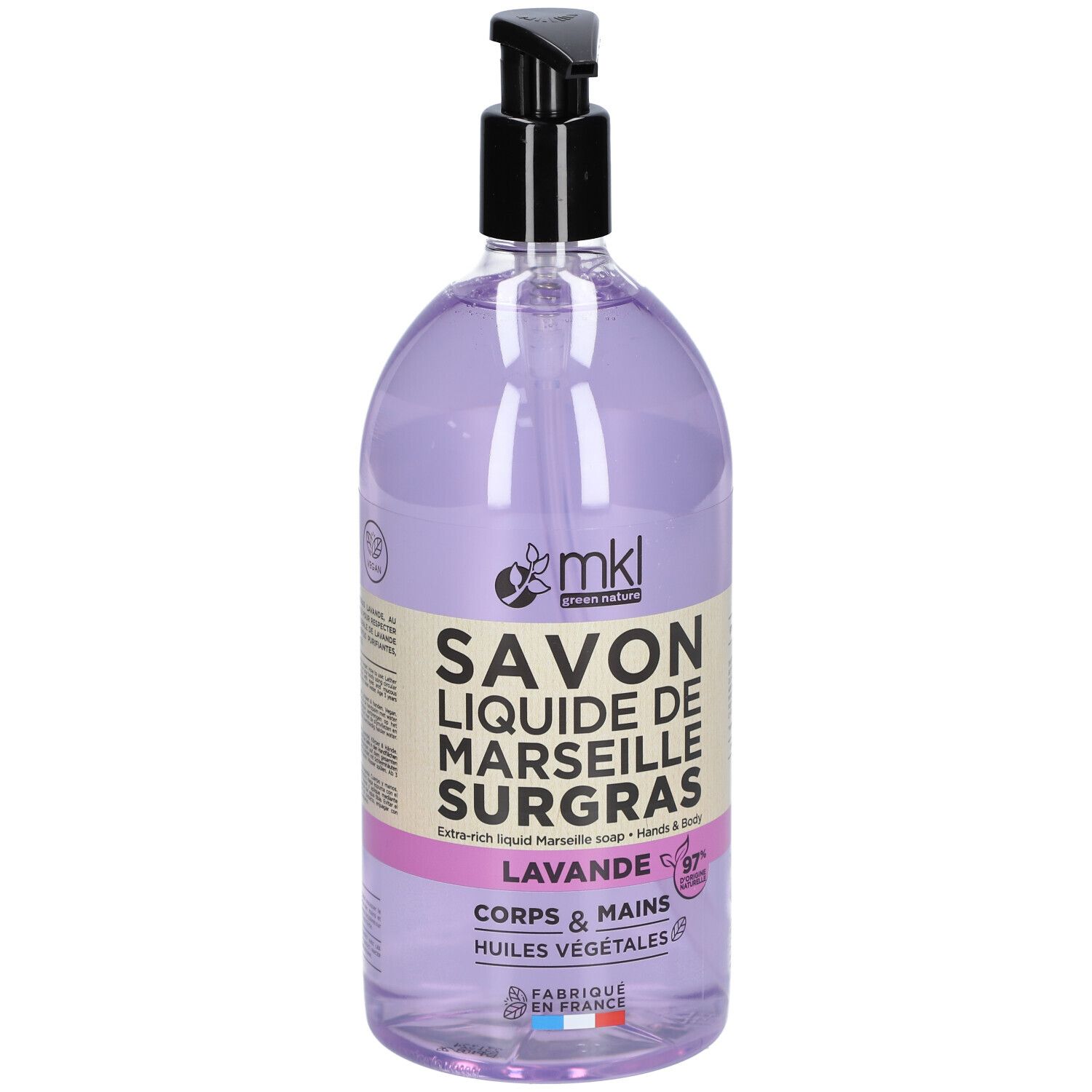 Flasche flüssige Marseille-Seife, Lavendel. Schwarzer Pumpdeckel, durchsichtige Flasche mit lila Inhalt. Text: SAVON LIQUIDE DE MARSEILLE SURGRAS.