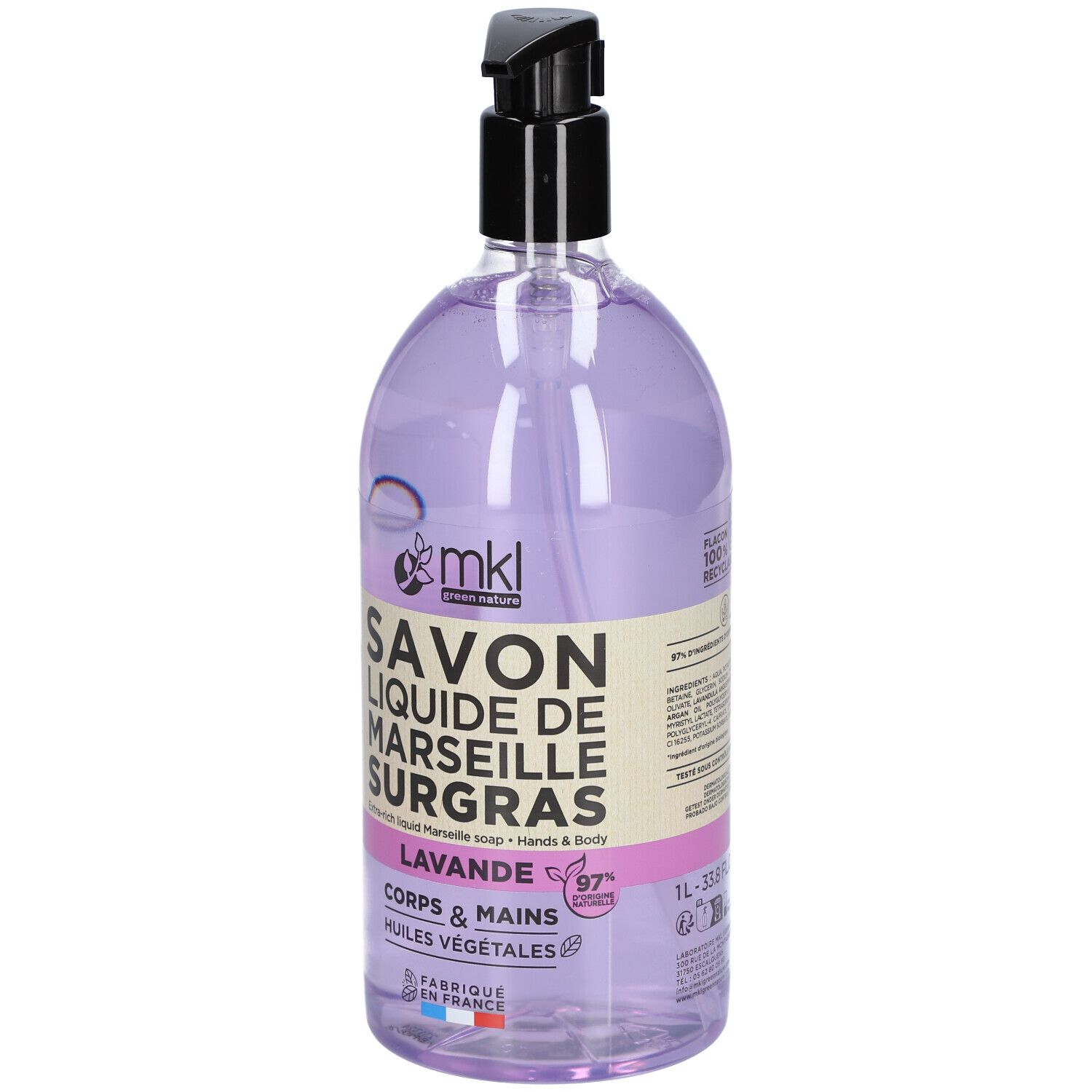 Flasche flüssige Marseille-Seife, Lavendel. Schwarzer Pumpdeckel, durchsichtige Flasche mit lila Inhalt. Text: SAVON LIQUIDE DE MARSEILLE SURGRAS.