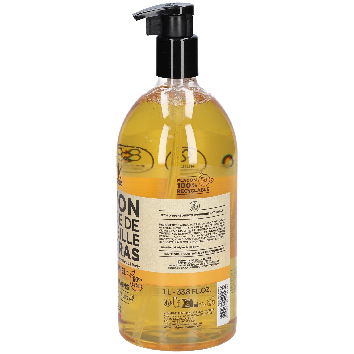 Rückseite der Flüssigseifenflasche. Text mit Inhaltsstoffen und Informationen. Flasche 100% recycelbar.