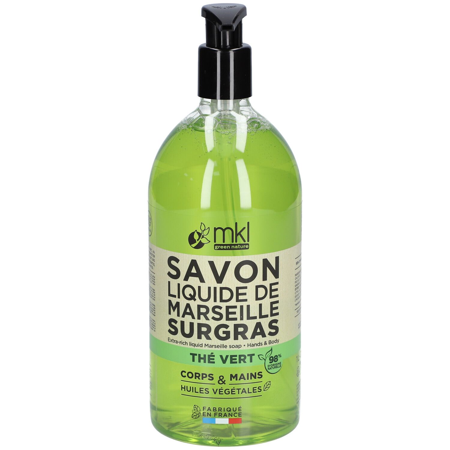 Groene vloeibare zeep in fles met zwarte pomp. Opschrift: SAVON LIQUIDE DE MARSEILLE SURGRAS, Thé Vert.