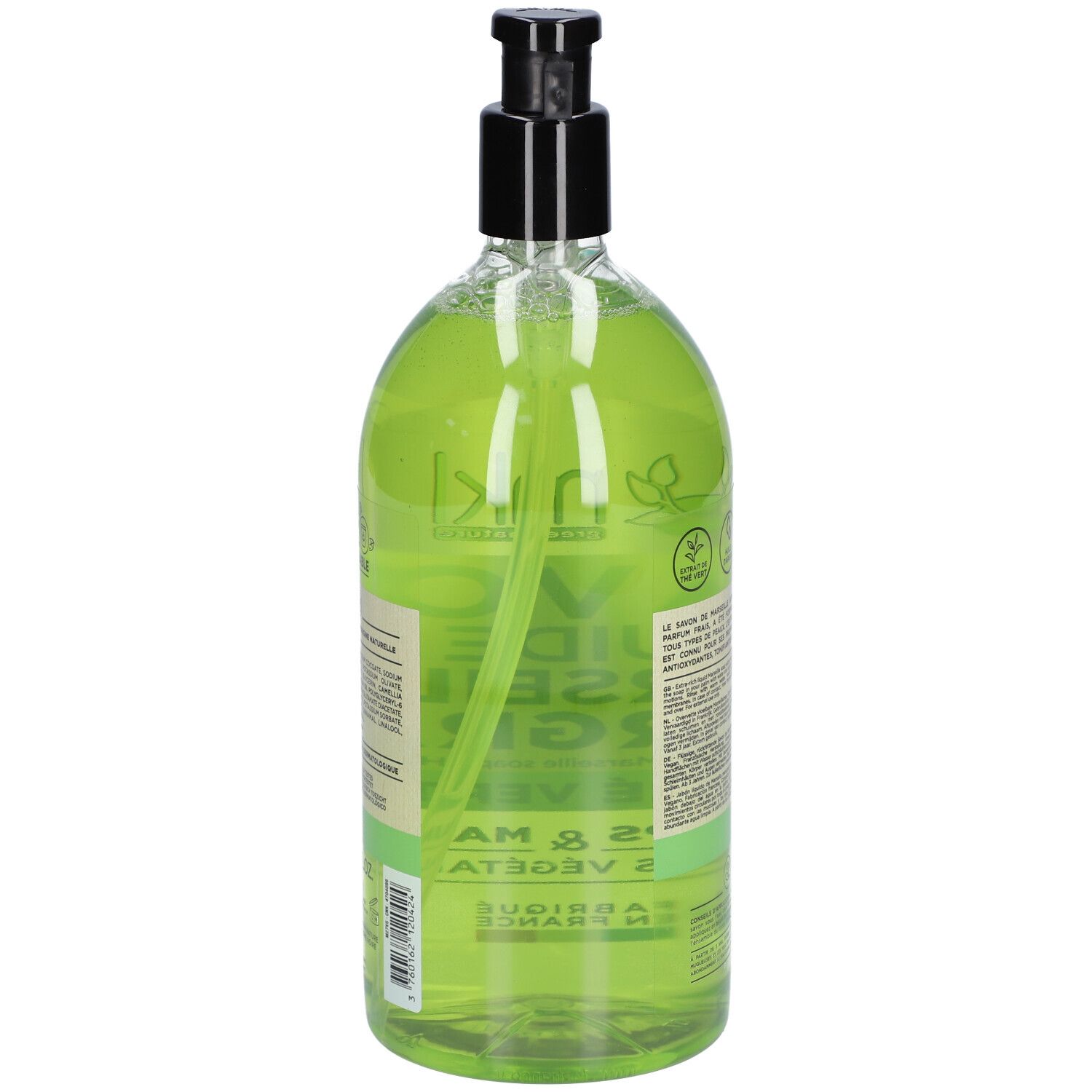 Achteraanzicht van de groene vloeibare zeepfles. Tekst: SAVON LIQUIDE DE MARSEILLE SURGRAS, Thé Vert. Met informatie en logo's.